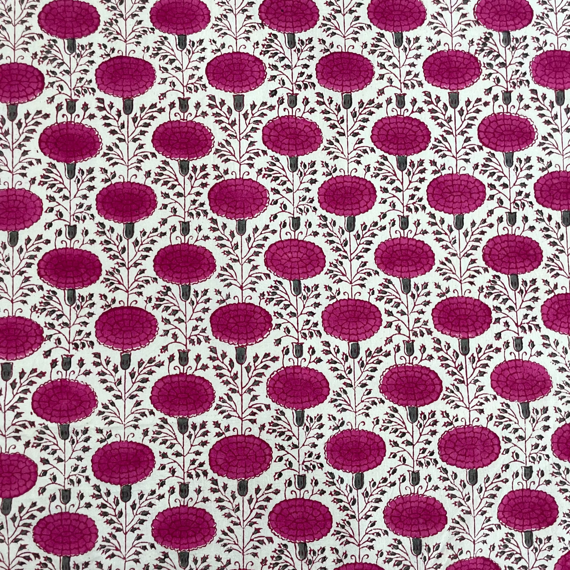 Patterned fabric with purple floral design on a white background