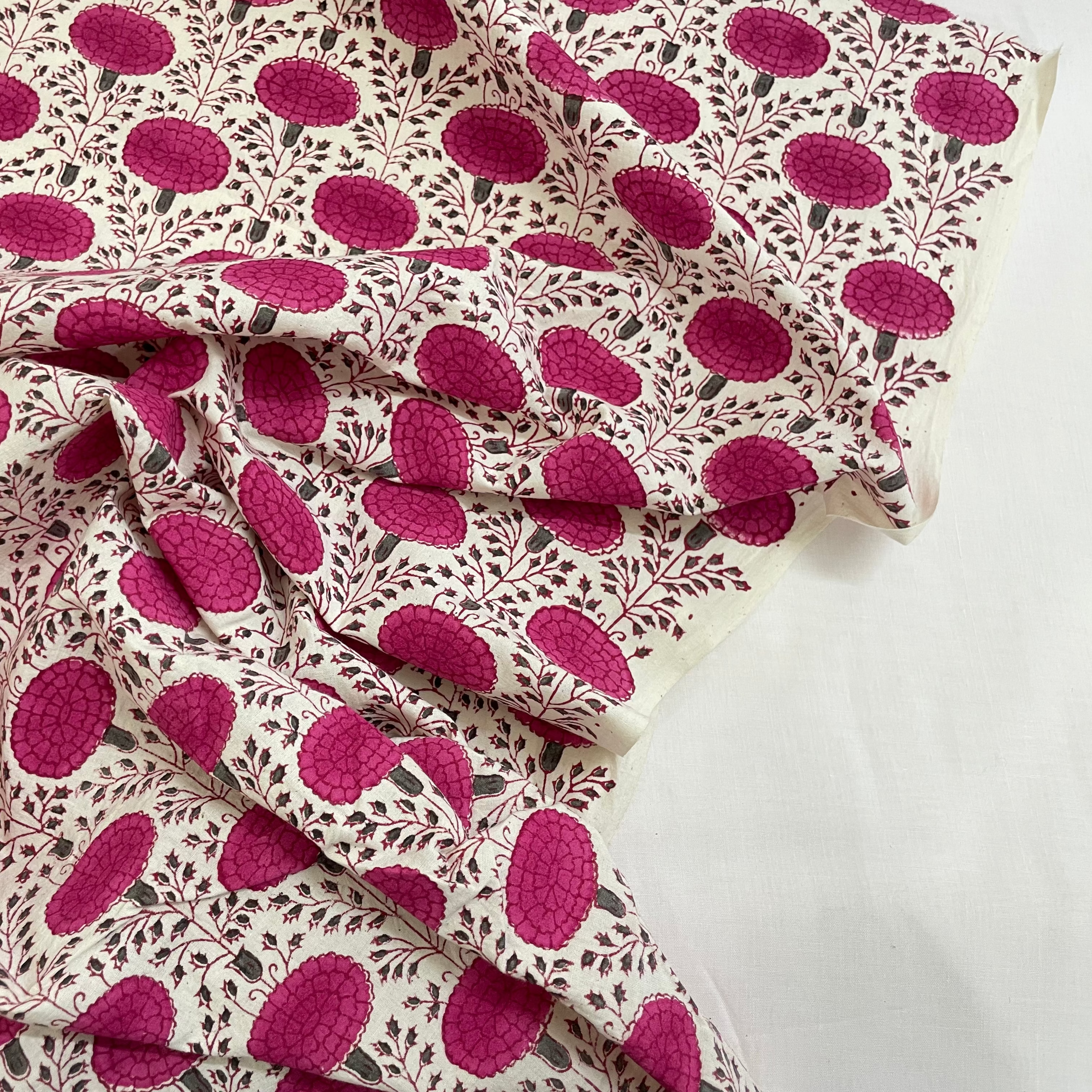 Fabric with a pink floral pattern on a white background