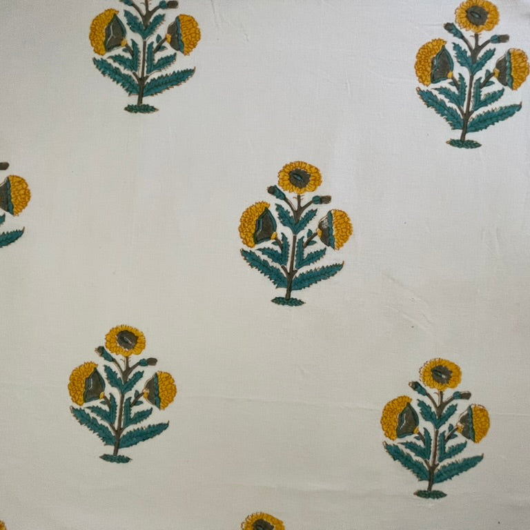Pattern of stylized plants with yellow centers and green leaves on a white background