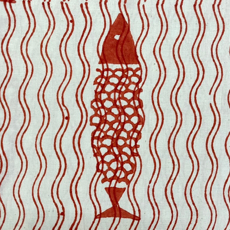 Red fish pattern on a white background with wavy lines
