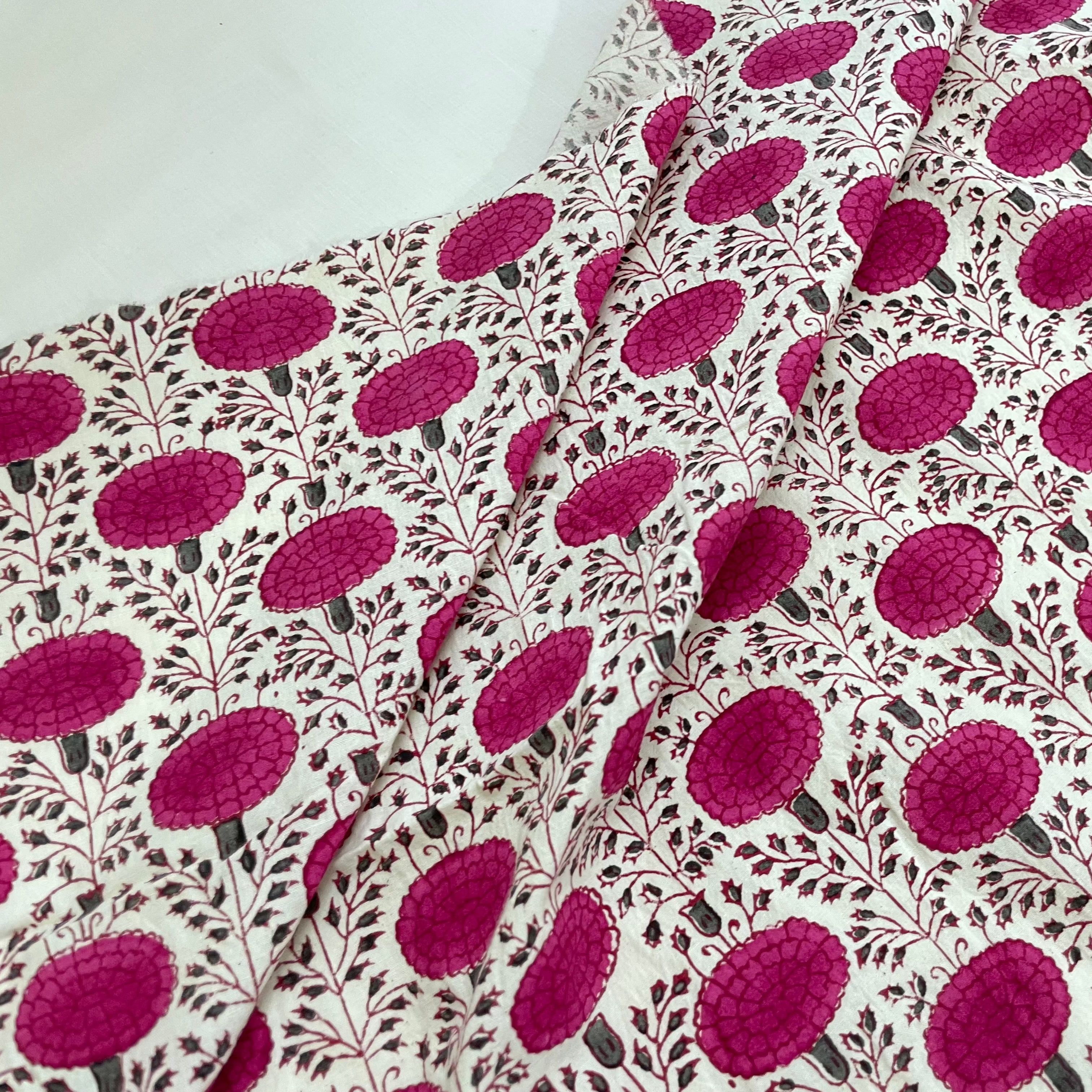 Fabric with a pink floral pattern on a white background
