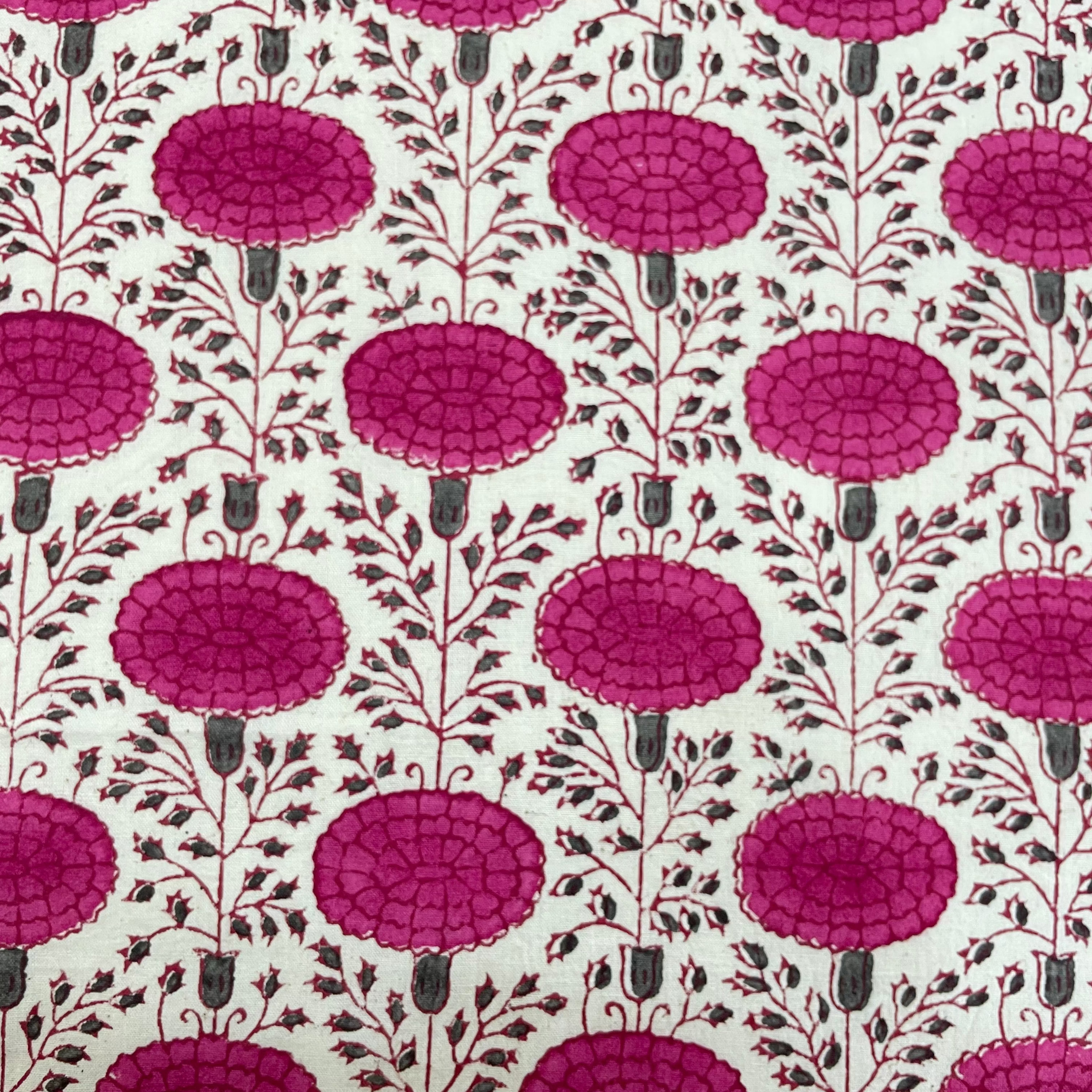 Patterned fabric with pink floral design on a white background