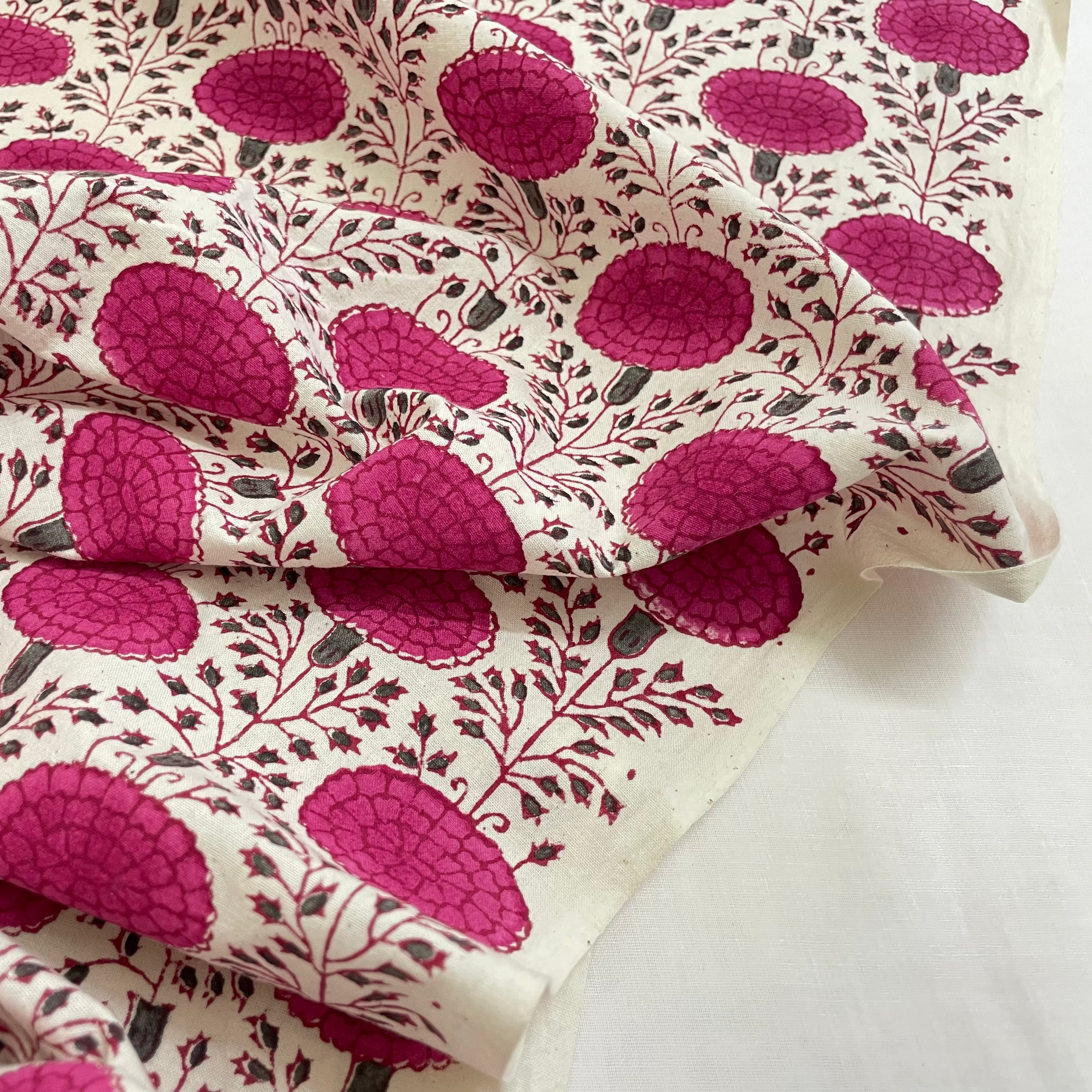Fabric with pink floral pattern on a white background