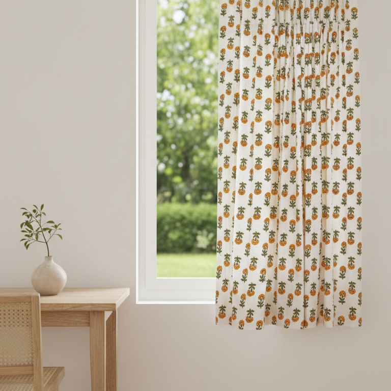 Window with a patterned curtain, wooden table, and chair in a room with a light background.