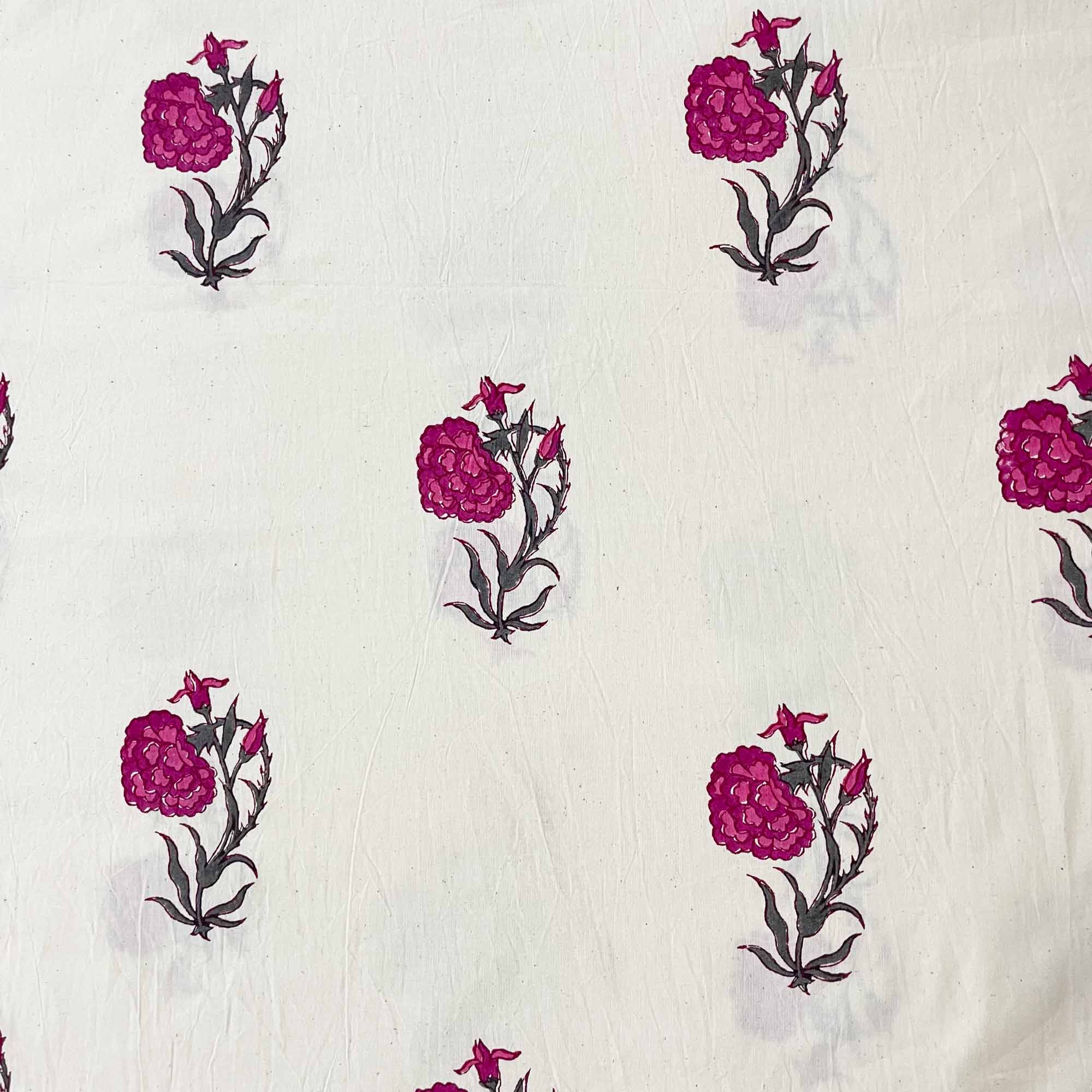 Pattern of pink flowers with black stems on a white background