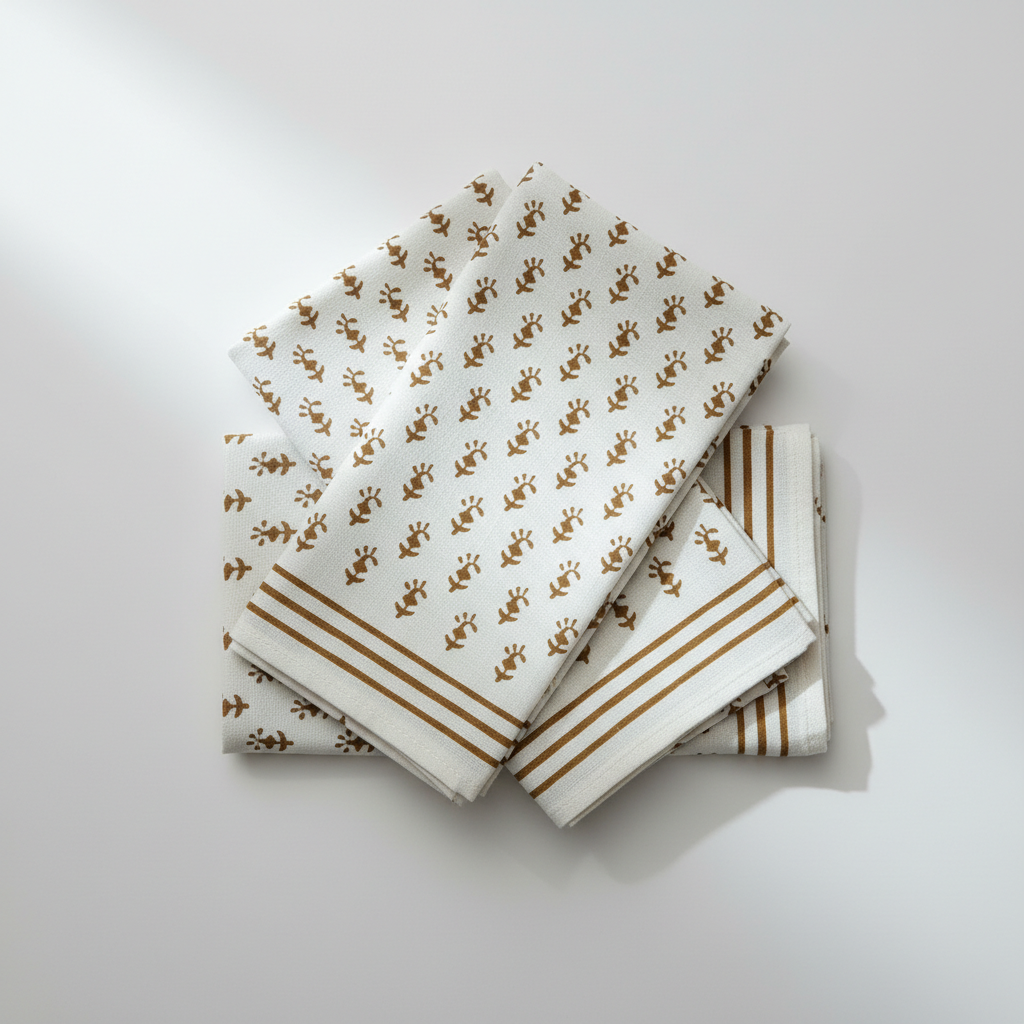 Set of folded towels with paw print pattern on a light gray background