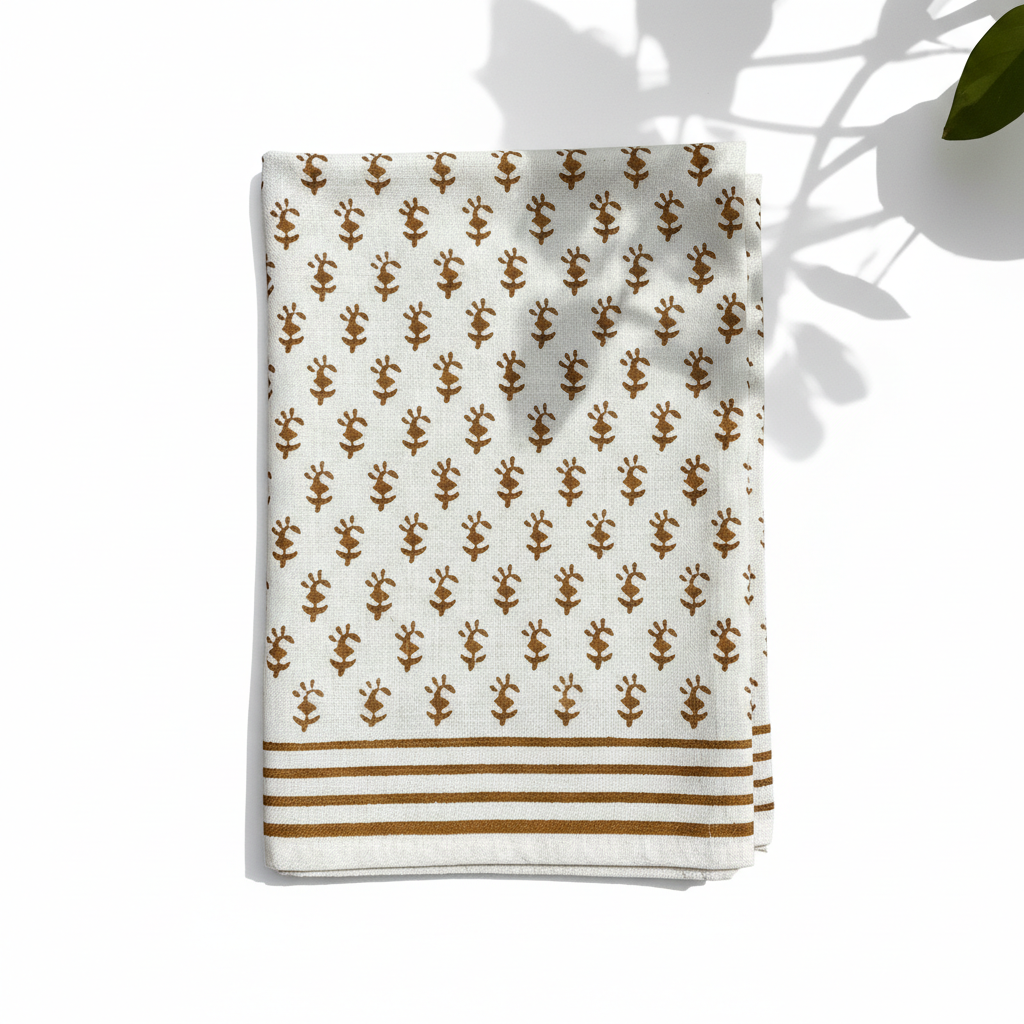 White towel with brown pattern and stripes on a white background
