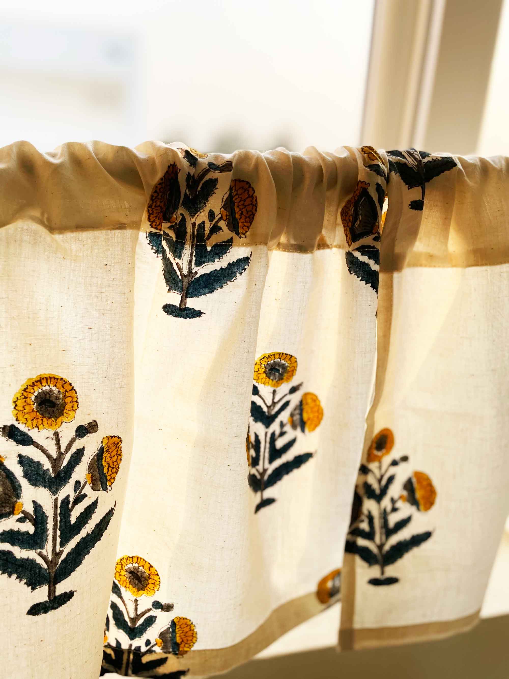 Hand Block Printed Poppy Print Cafe Curtains