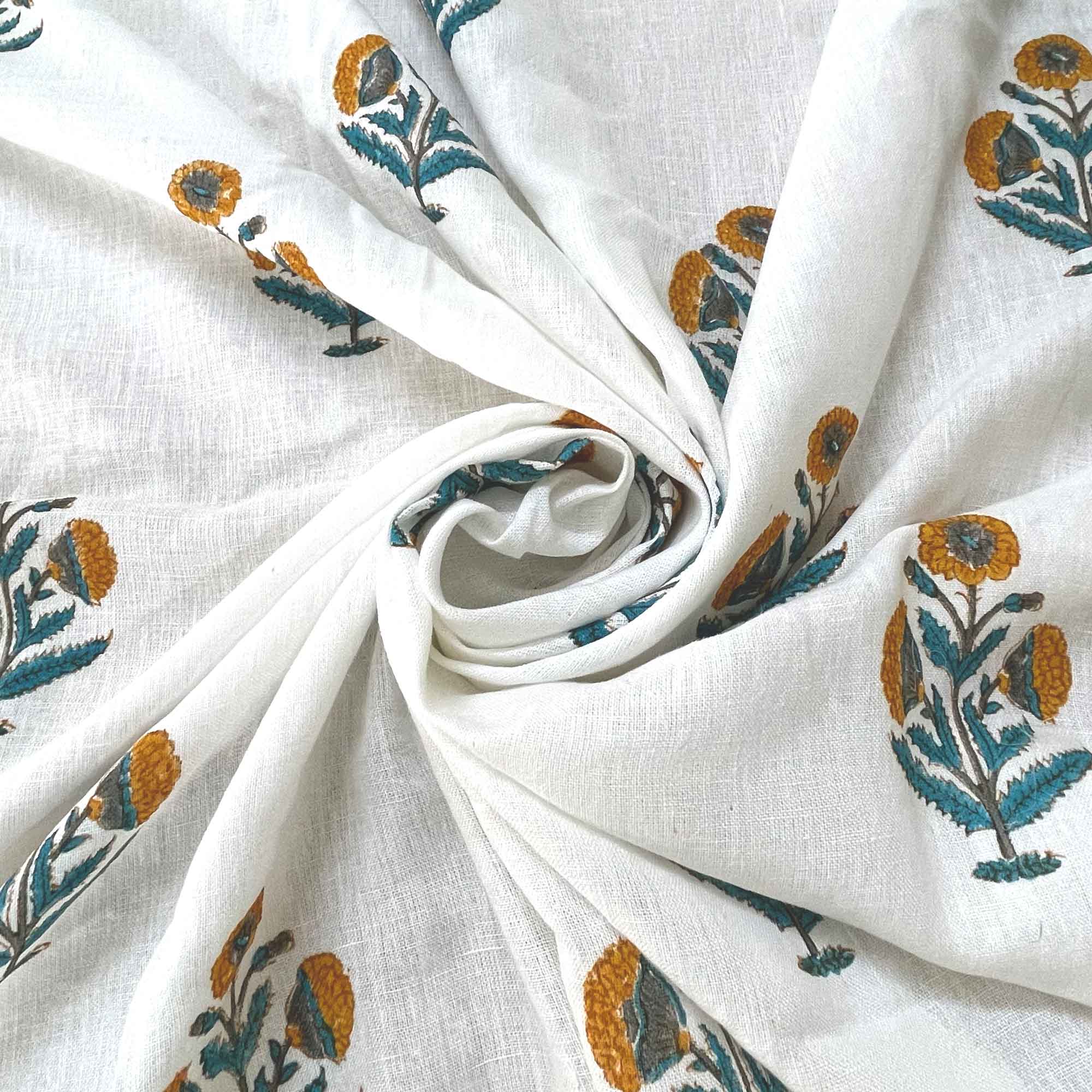 Poppy Block Print Mustard and Teal Designer Linen Fabric