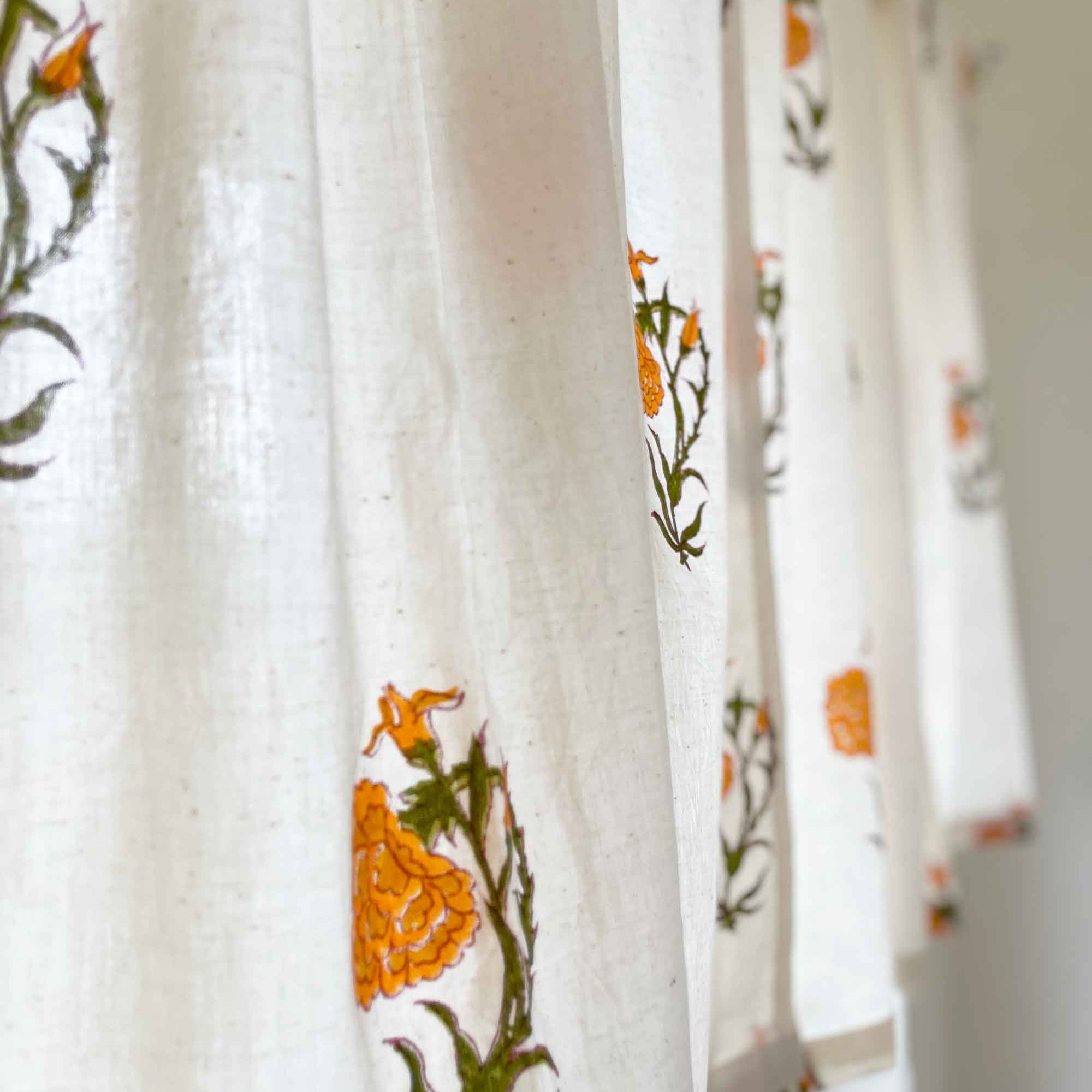 Indian hand block printed marigold café curtain in 100% cotton, available in multiple lengths.