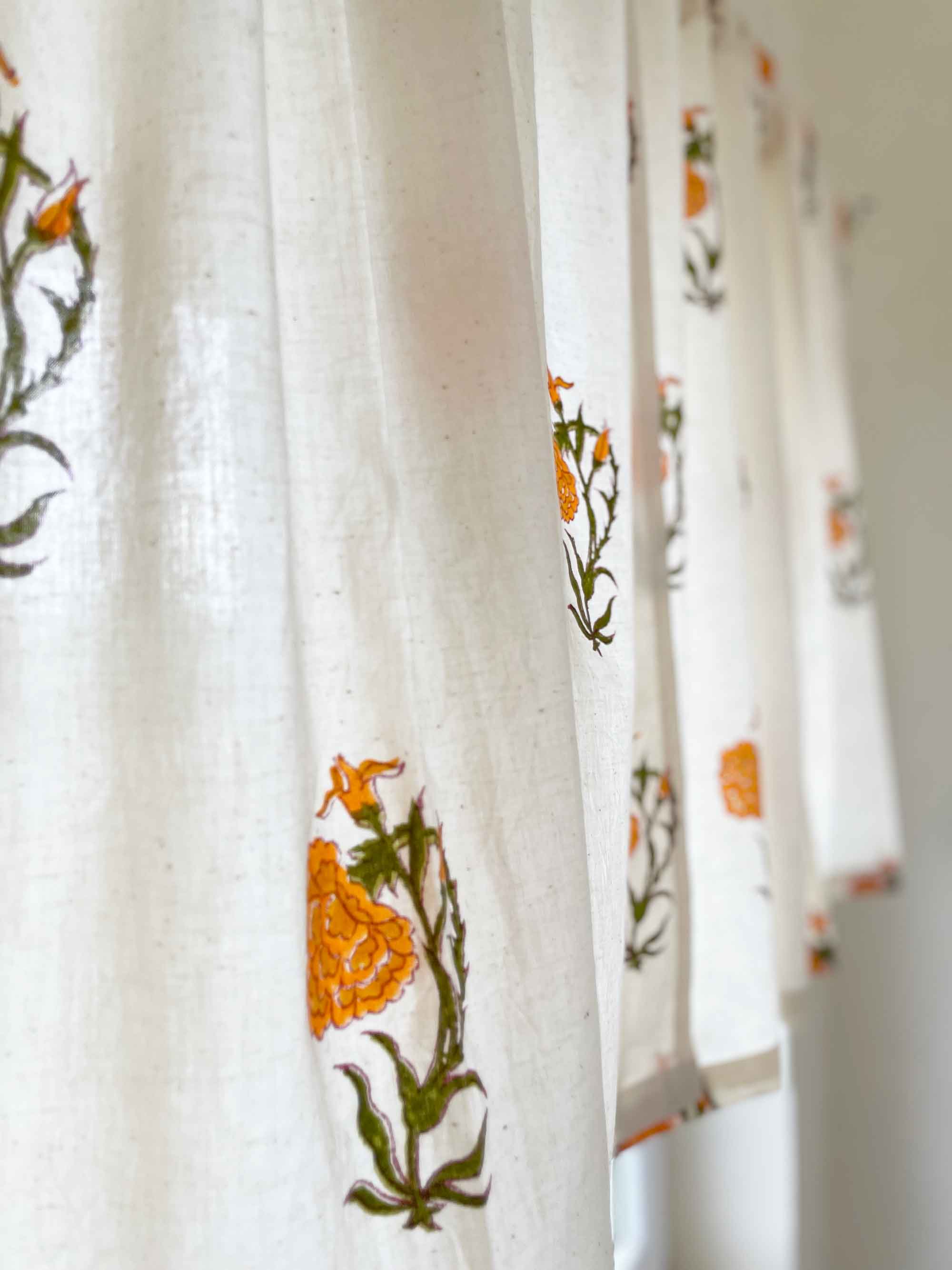 Indian hand block printed marigold café curtain in 100% cotton, available in multiple lengths.