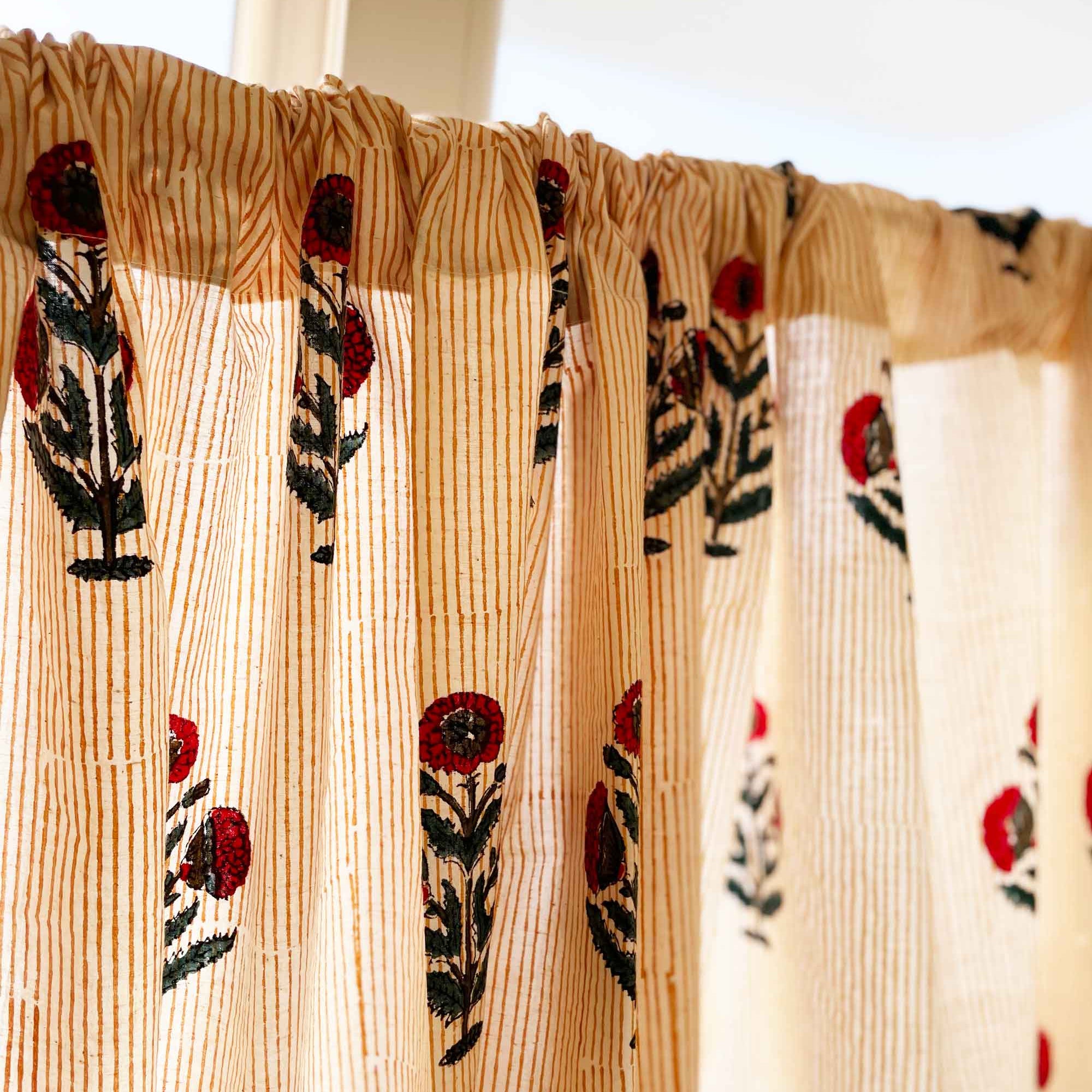 Red and blue poppy handblock printed cotton cafe curtains for kitchen windows