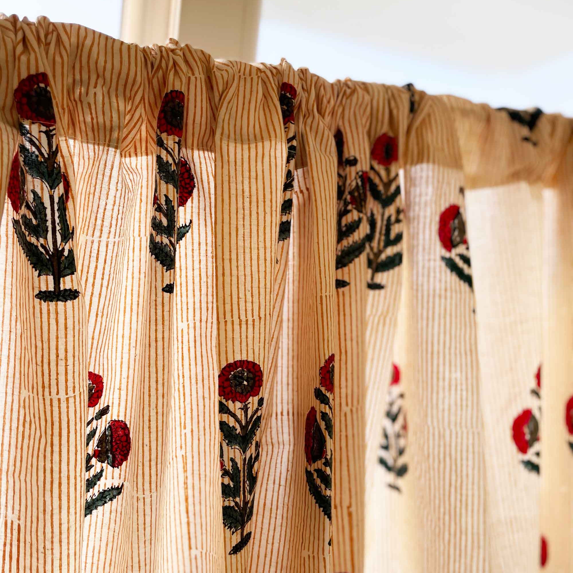 Mughal era inspired red and blue floral cafe curtain panels in cotton