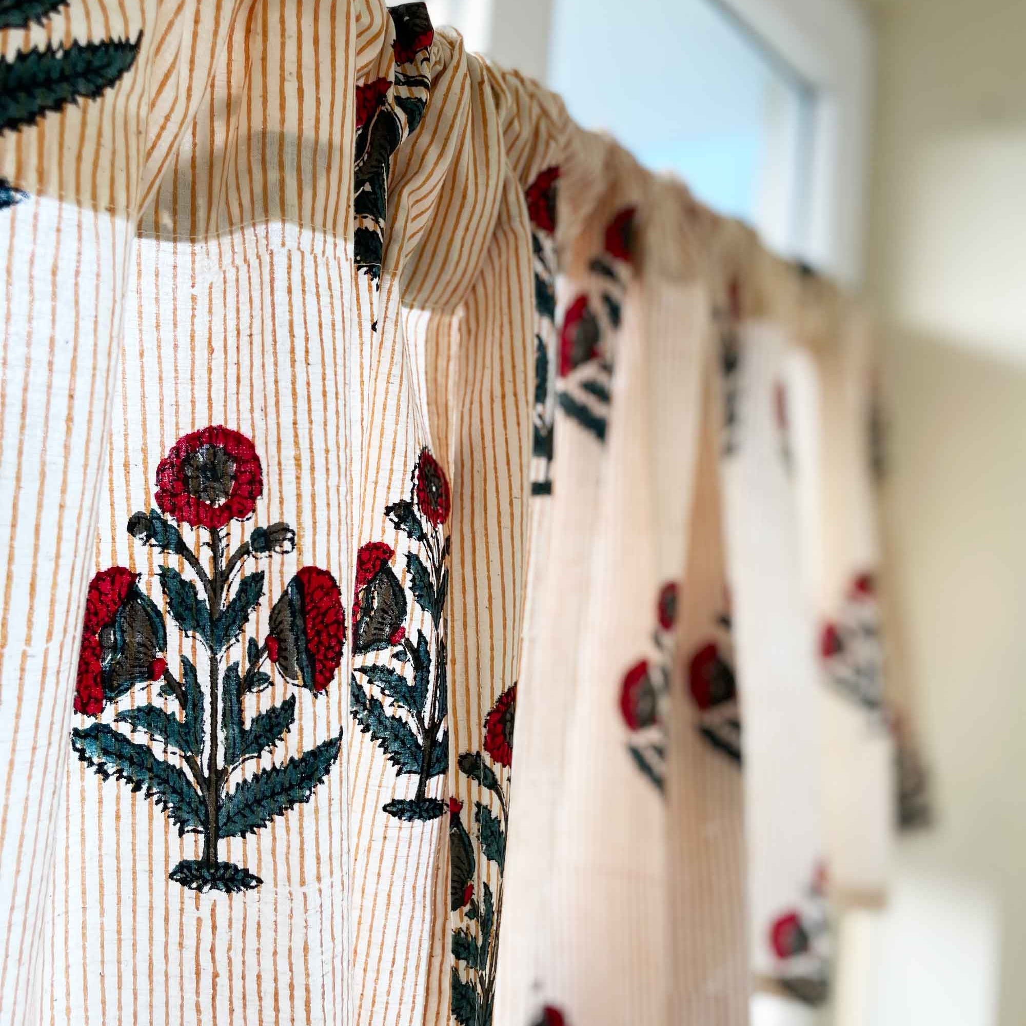 Handmade red and blue poppy cafe curtains for cupboards and pantries