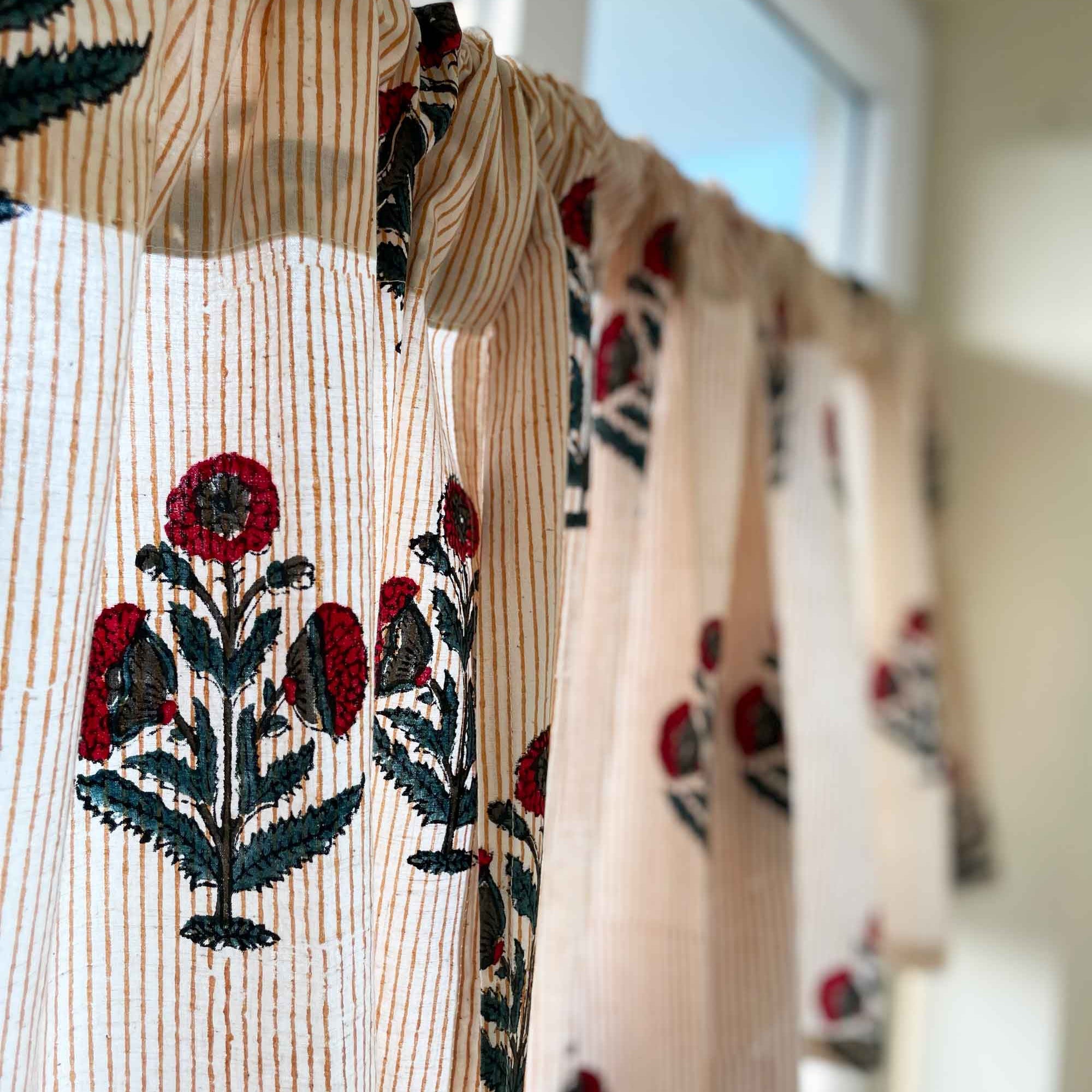 Rustic cotton cafe curtain panels with red and blue poppy block print