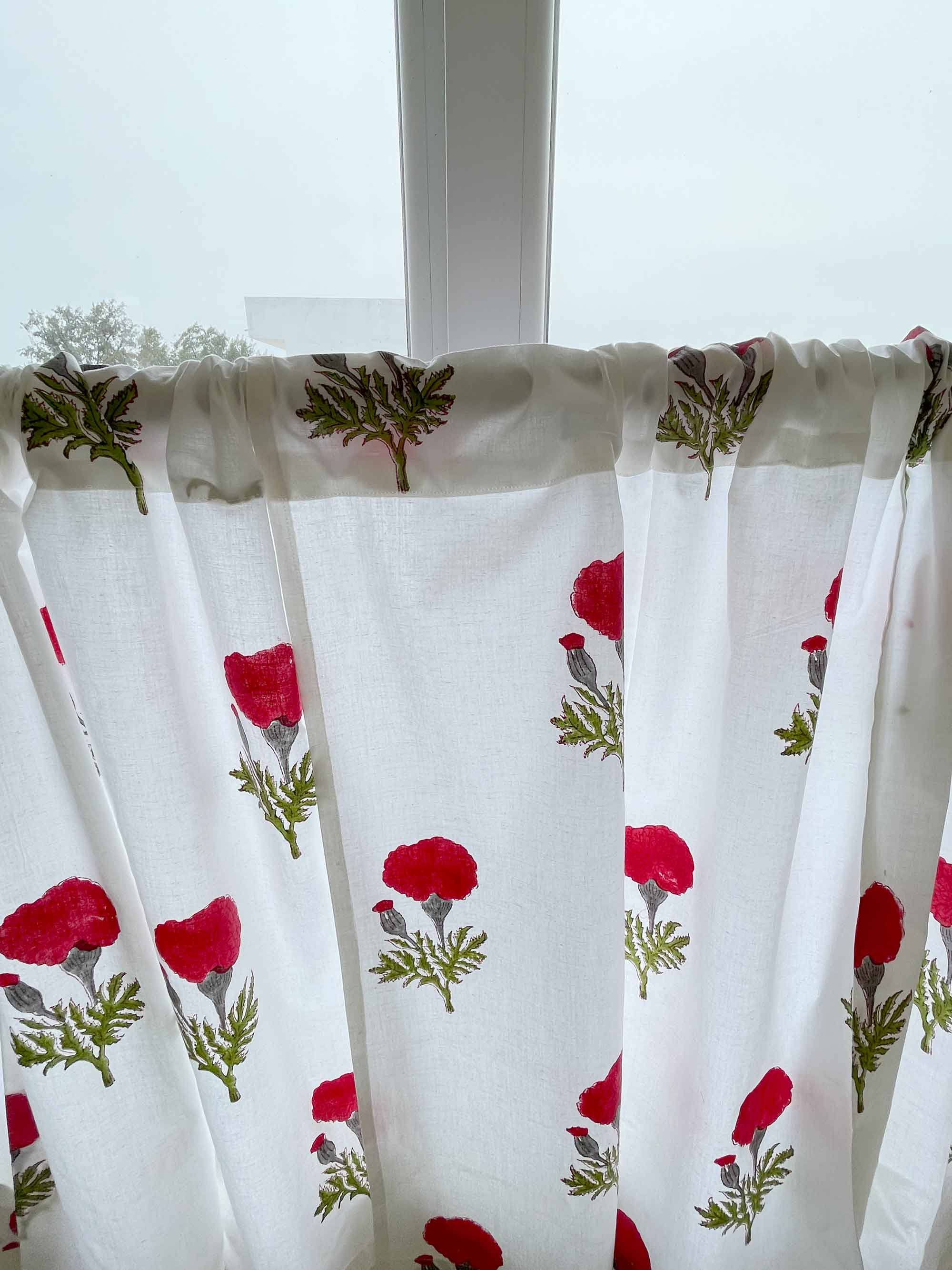 Red and Green Marigold Print Cafe Curtains