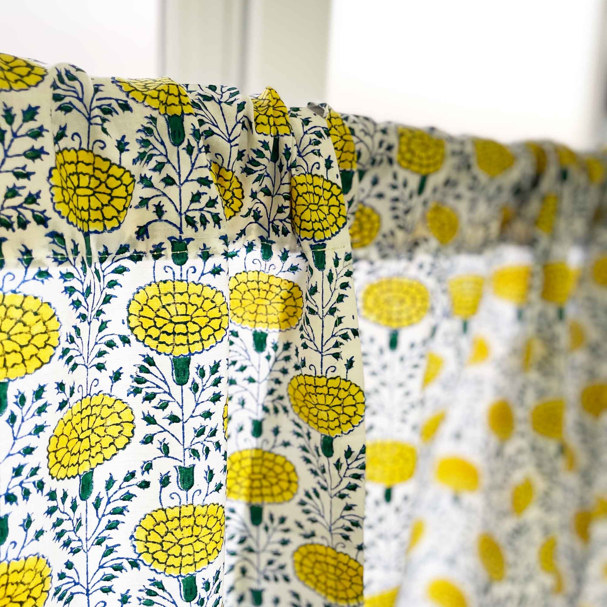 Bright Yellow and Green Marigold Garden Cafe Curtains