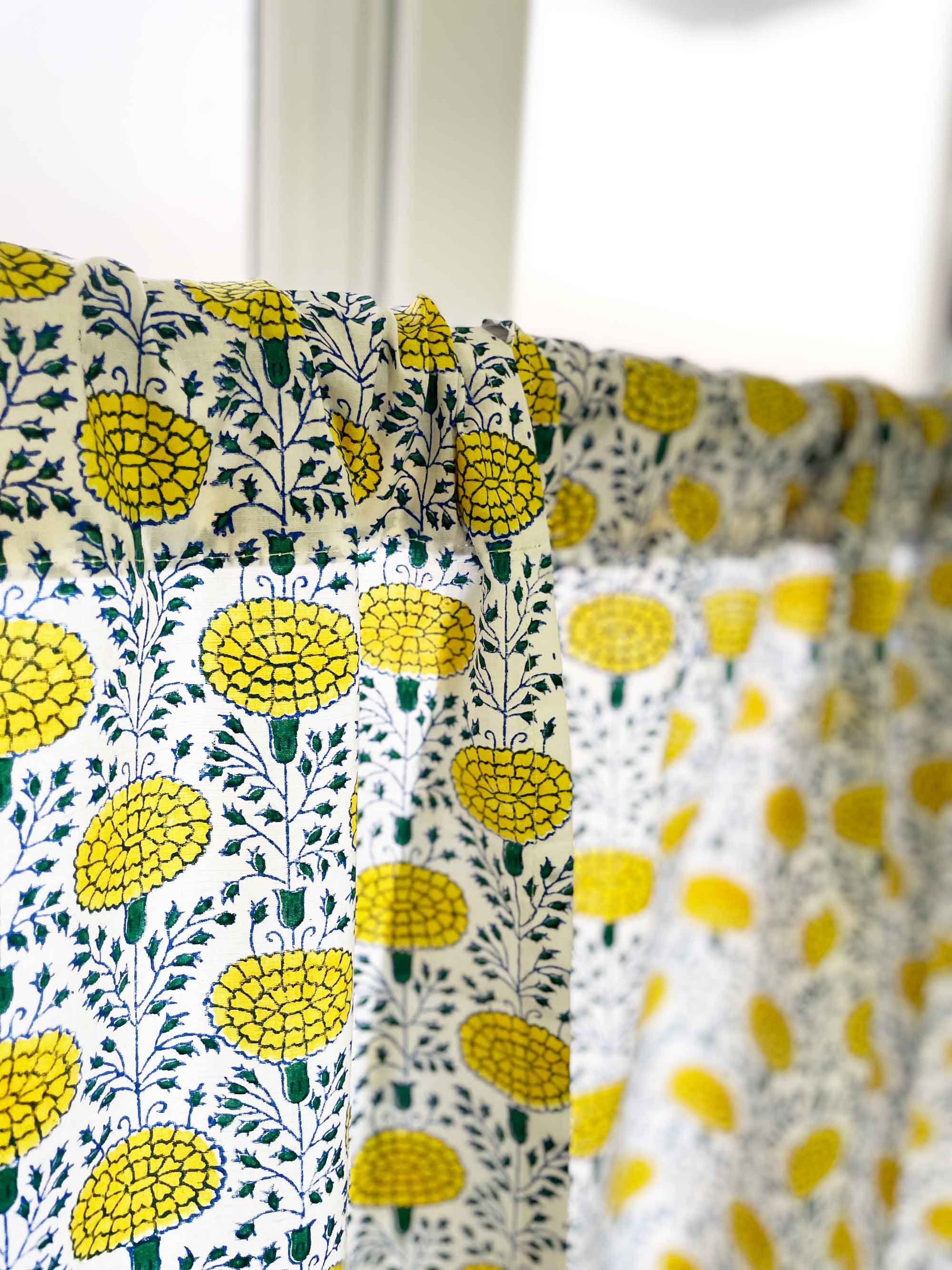 Bright Yellow and Green Marigold Garden Cafe Curtains