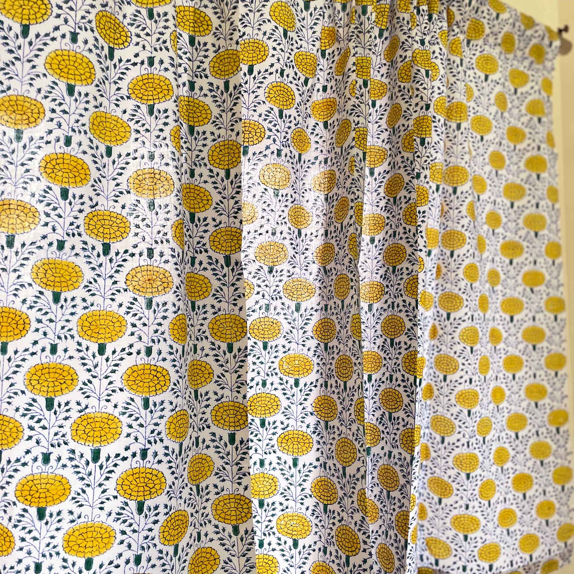 Block Printed Yellow and Green Marigold Kitchen Valance