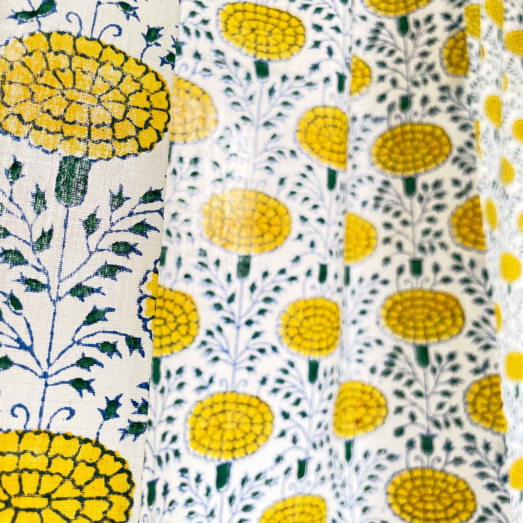 Hand Printed Yellow and Green Marigold Kitchen Valance