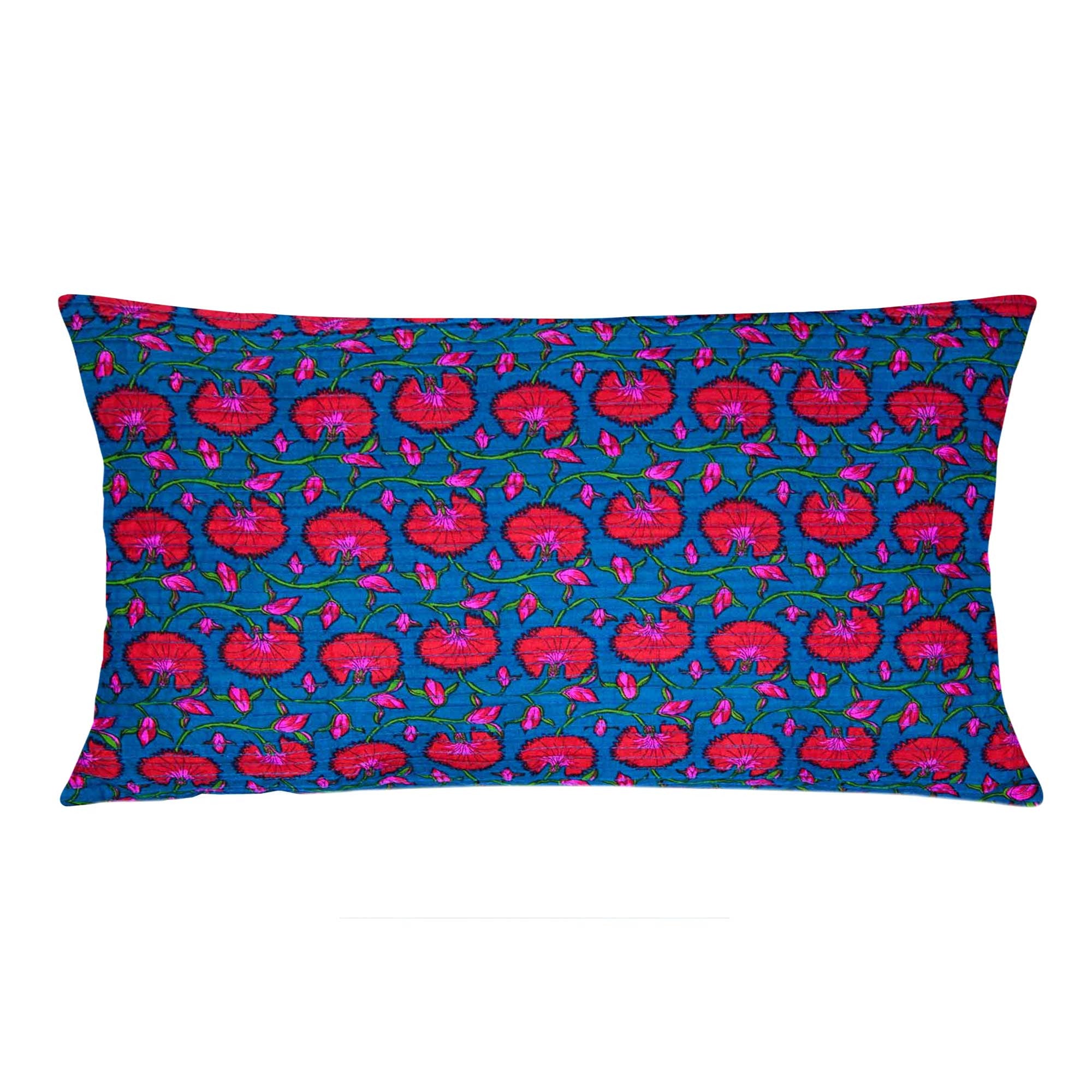 Teal and Red Pintucks Cotton Lumbar Pillow Cover