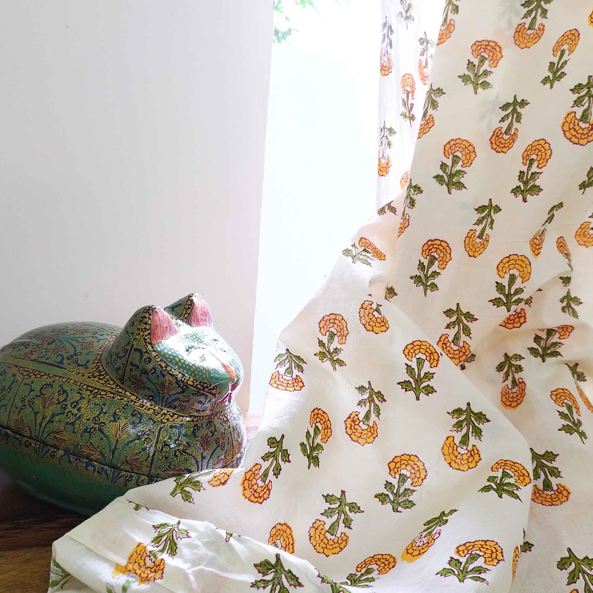 orange marigold print curtains