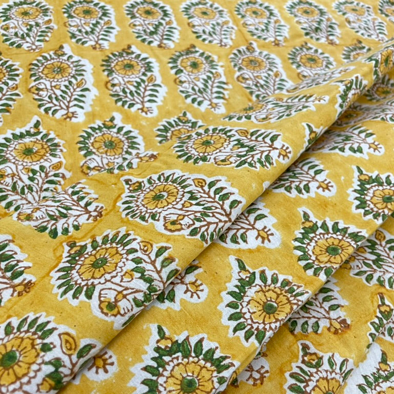 Floral patterned fabric on a yellow background
