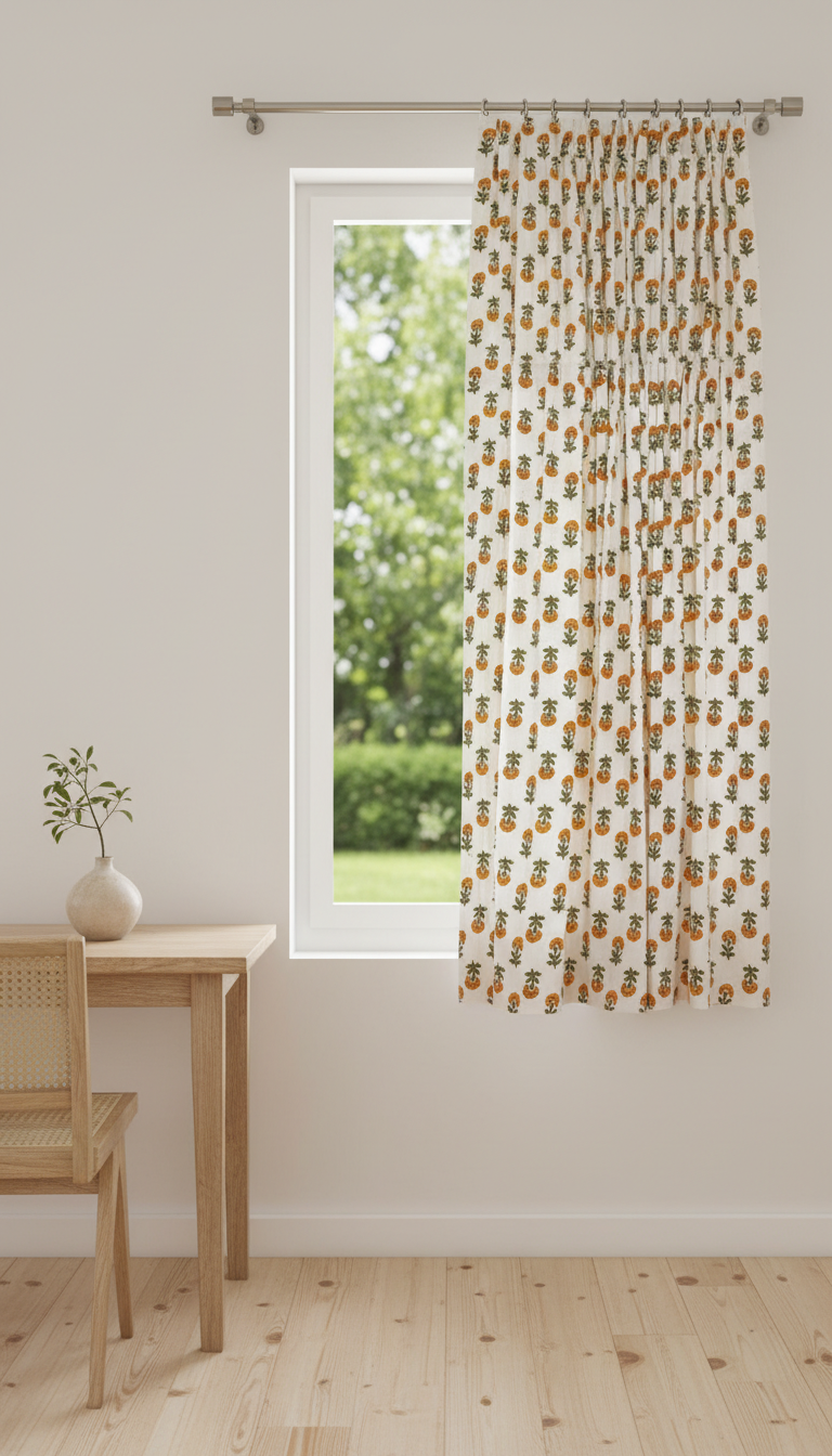 Window with a patterned curtain, wooden table, and chair in a room with a light background.