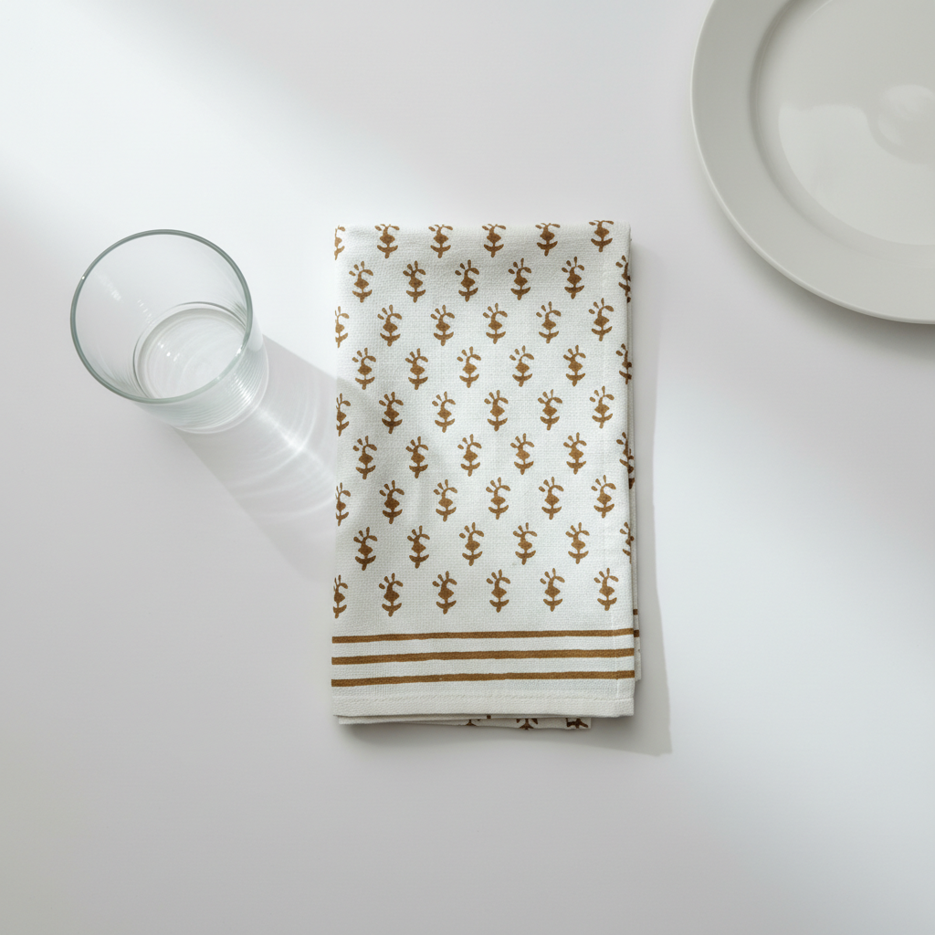 Folded napkin with a pattern on a white surface with a glass and plate.