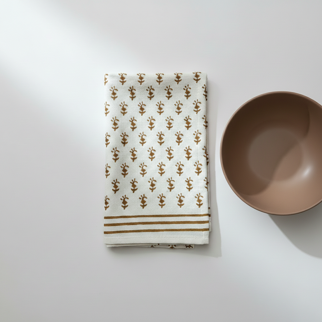 Patterned napkin with brown stripes and beige flowers next to a beige bowl on a white background