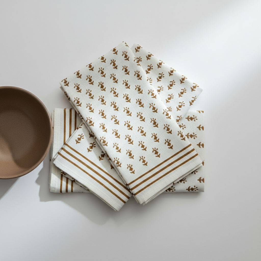Set of linen napkins with brown patterns on a off white background