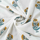 Poppy Block Print Mustard and Teal Linen Fabric By the Yard