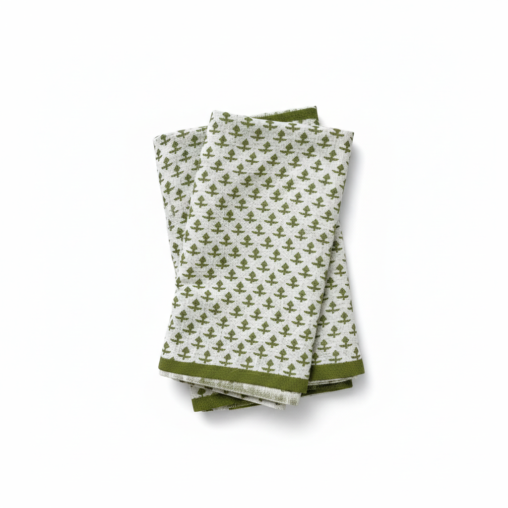 Set of three folded green and white patterned towels on a white background