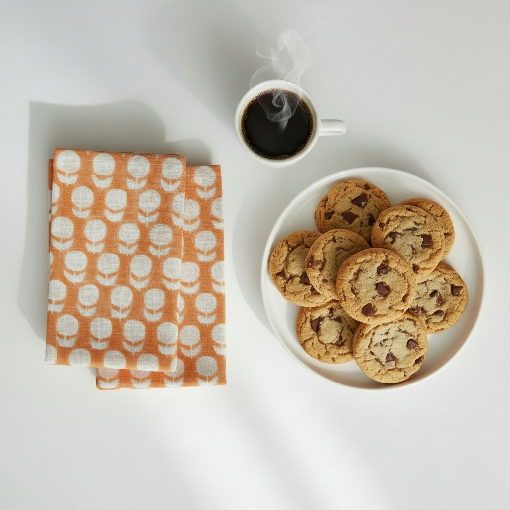 Two orange napkins with white pattern on a light gray background