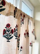 Handmade red and blue poppy cafe curtains for cupboards and pantries