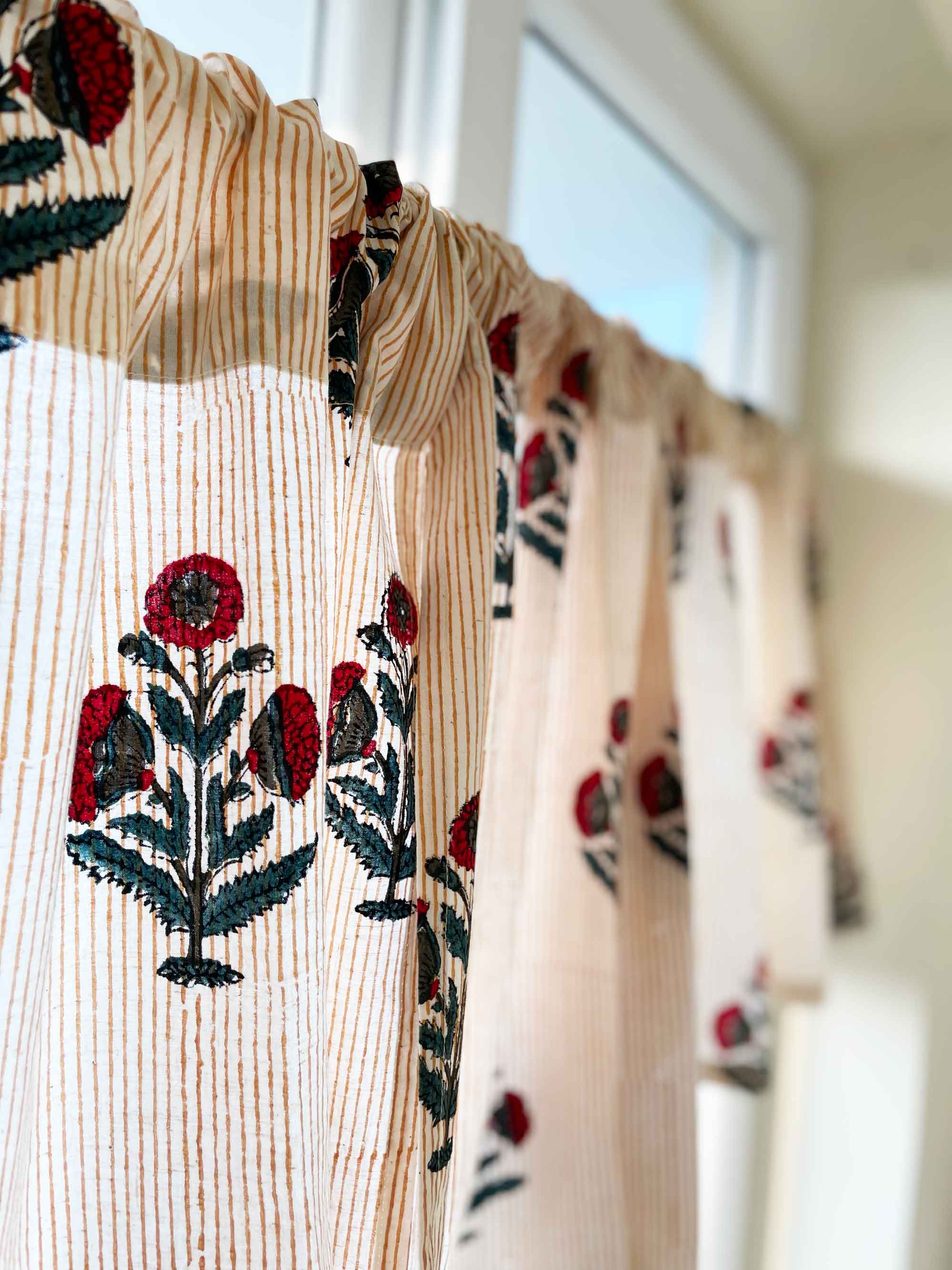 Handmade red and blue poppy cafe curtains for cupboards and pantries