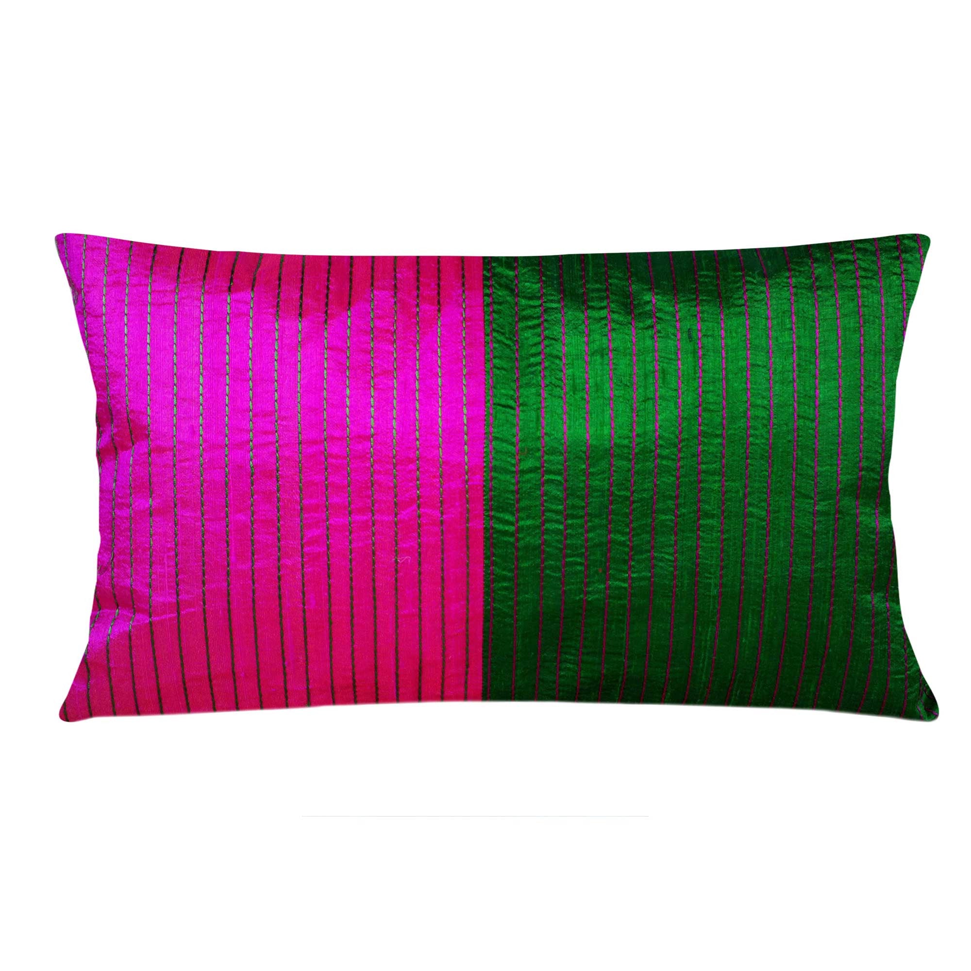 Handmade Green and Magenta Raw Silk Lumbar Pillow Cover Buy Online from DesiCrafts