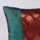 Teal Red Gold Raw Silk Banaras Pillow Cover