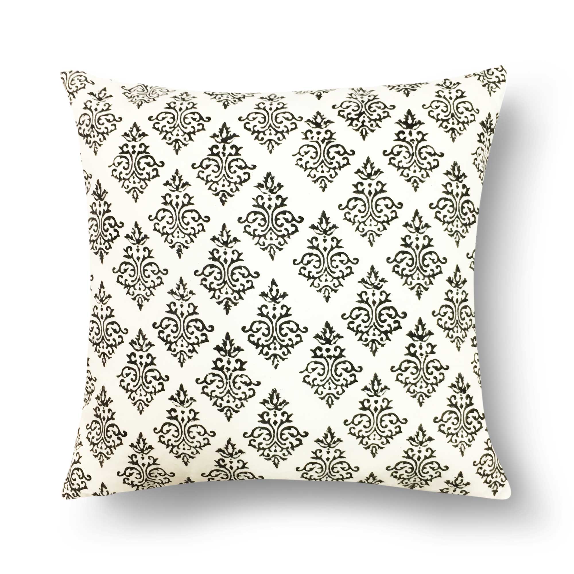 White and Black Damask Print Cotton Cushion Cover