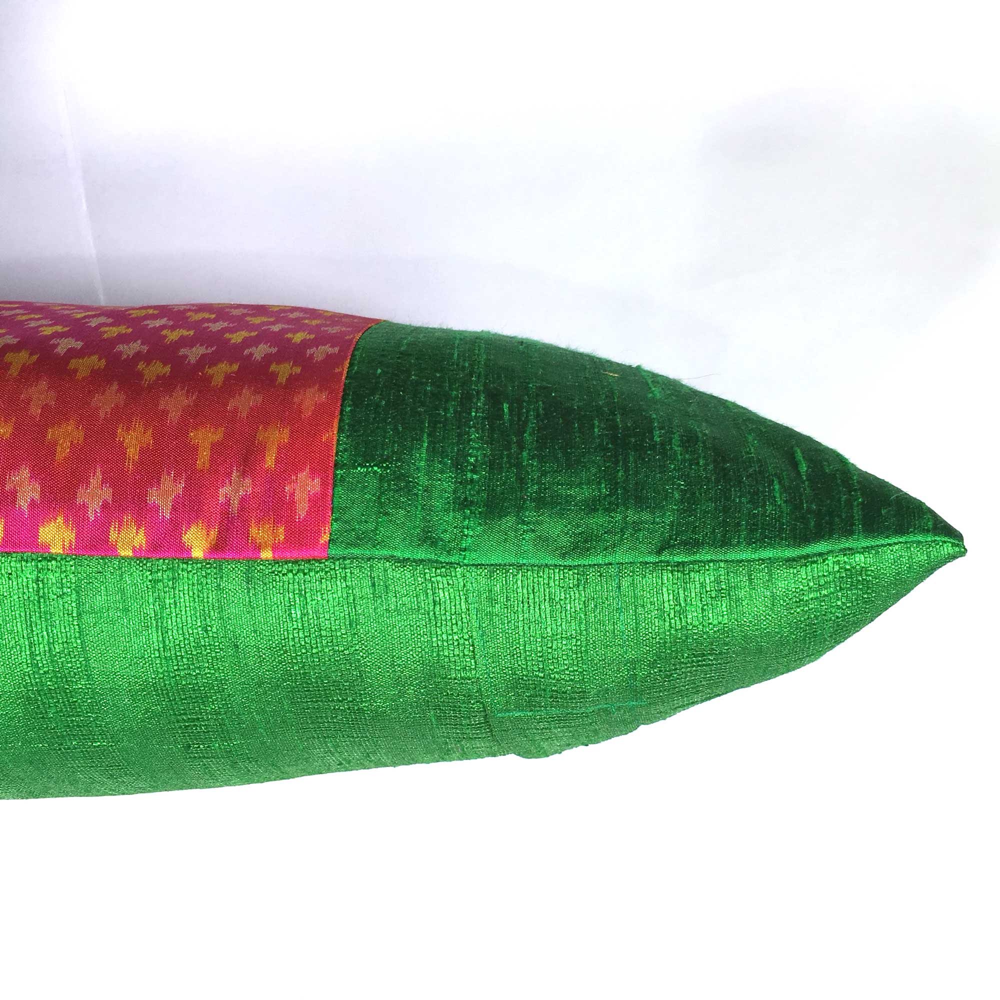 Green and Hot Pink Ikat Raw Silk Lumbar Cushion Cover Buy Online from DesiCrafts