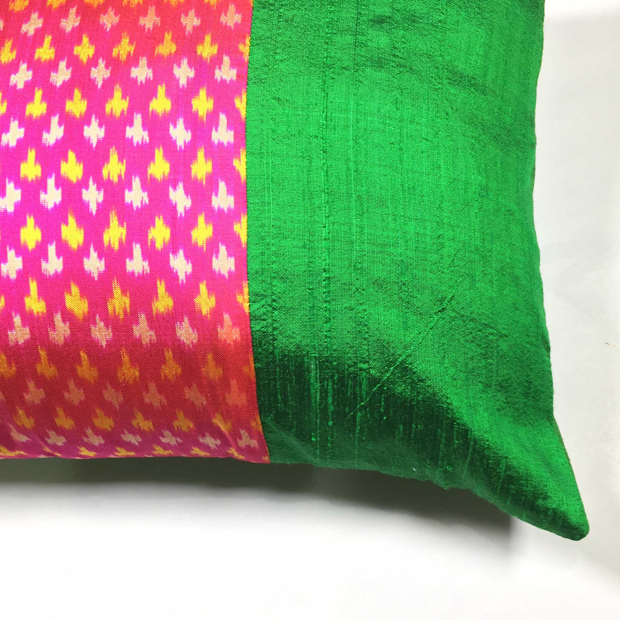 Green and Hot Pink Ikat Raw Silk Lumbar Cushion Cover Buy Online from DesiCrafts