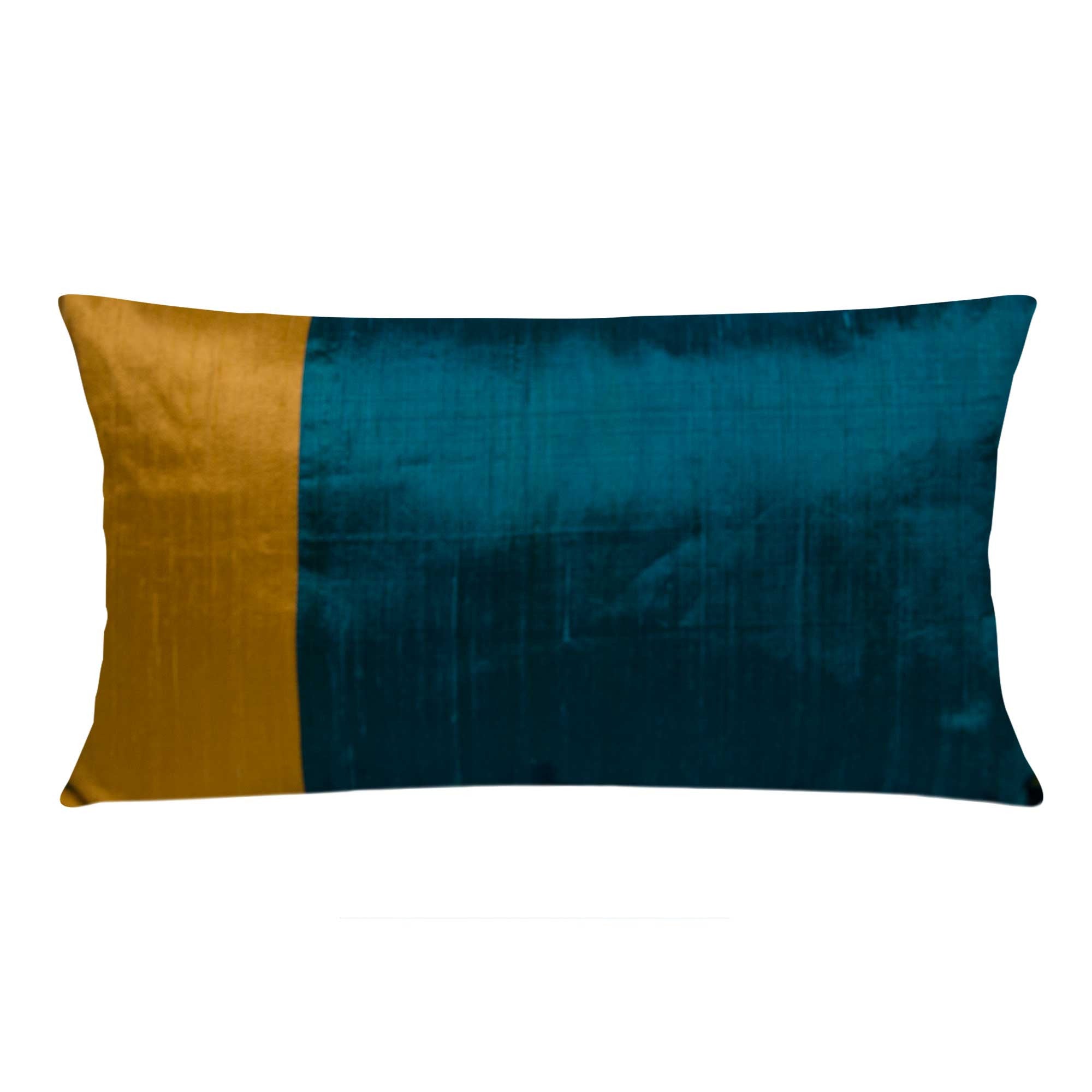 Teal and Mustard Raw Silk Lumbar Pillow Cover