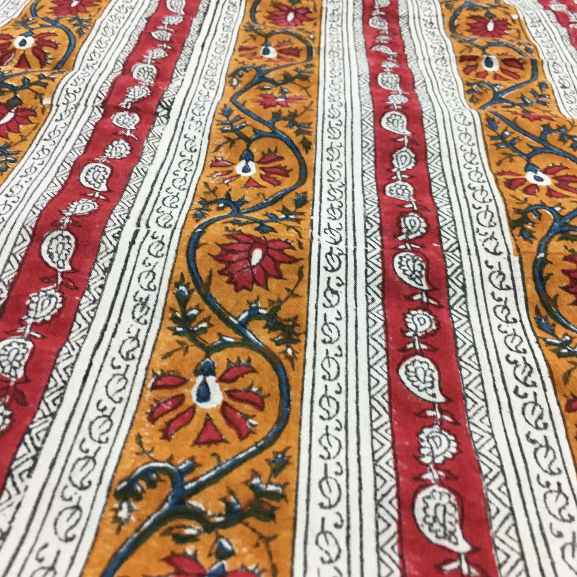 Striped Kalamkari Fabric in Red Blue and Mustard