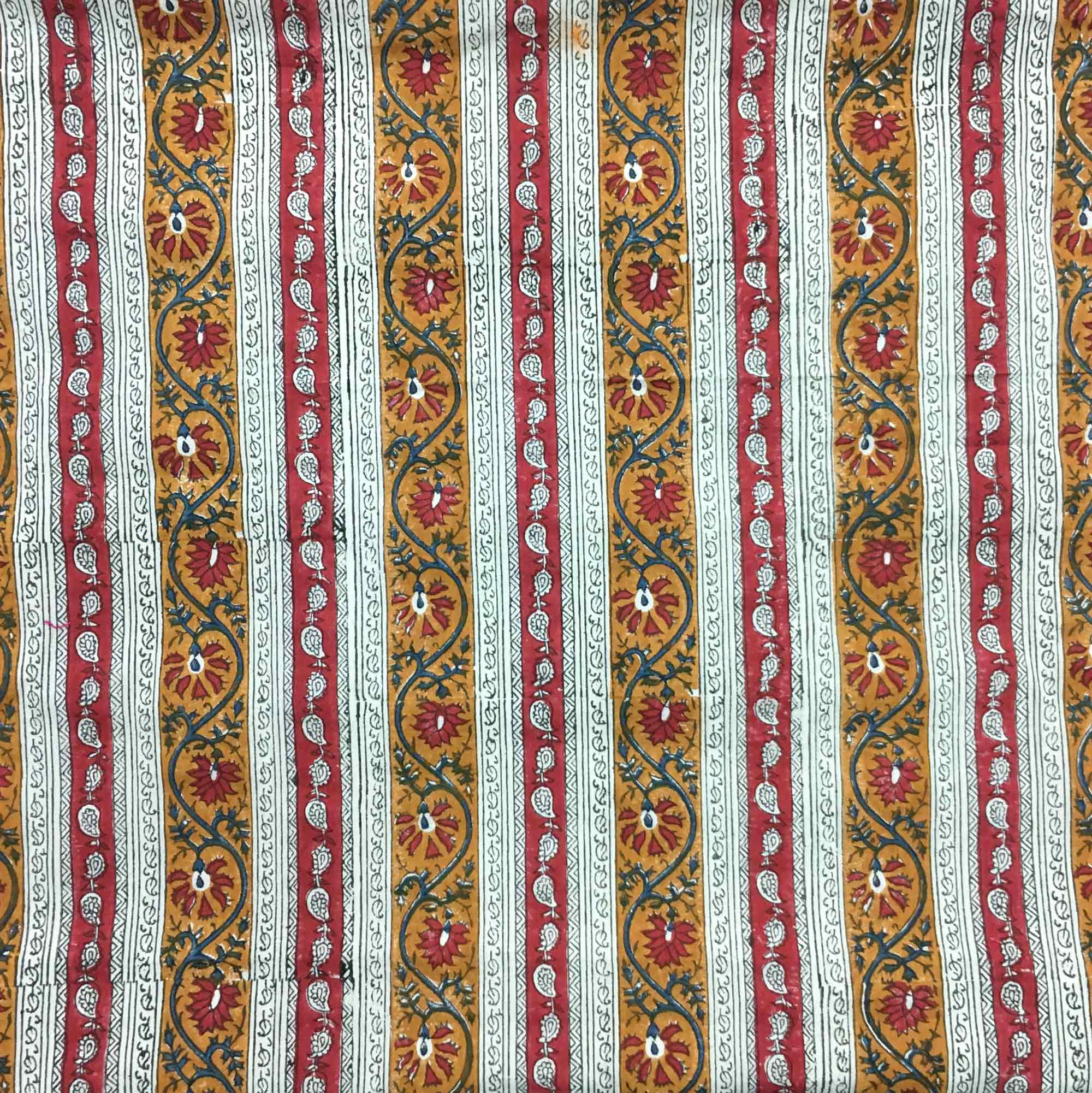 Striped Kalamkari Fabric in Red Blue and Mustard