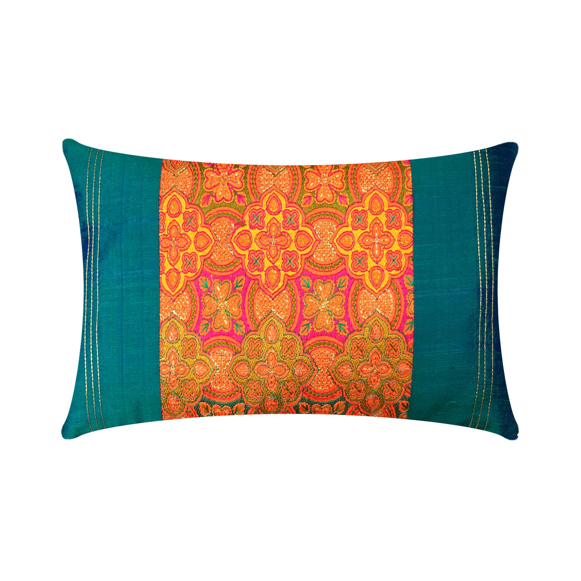 Teal and Orange Embroidered Silk Lumbar Cushion Cover