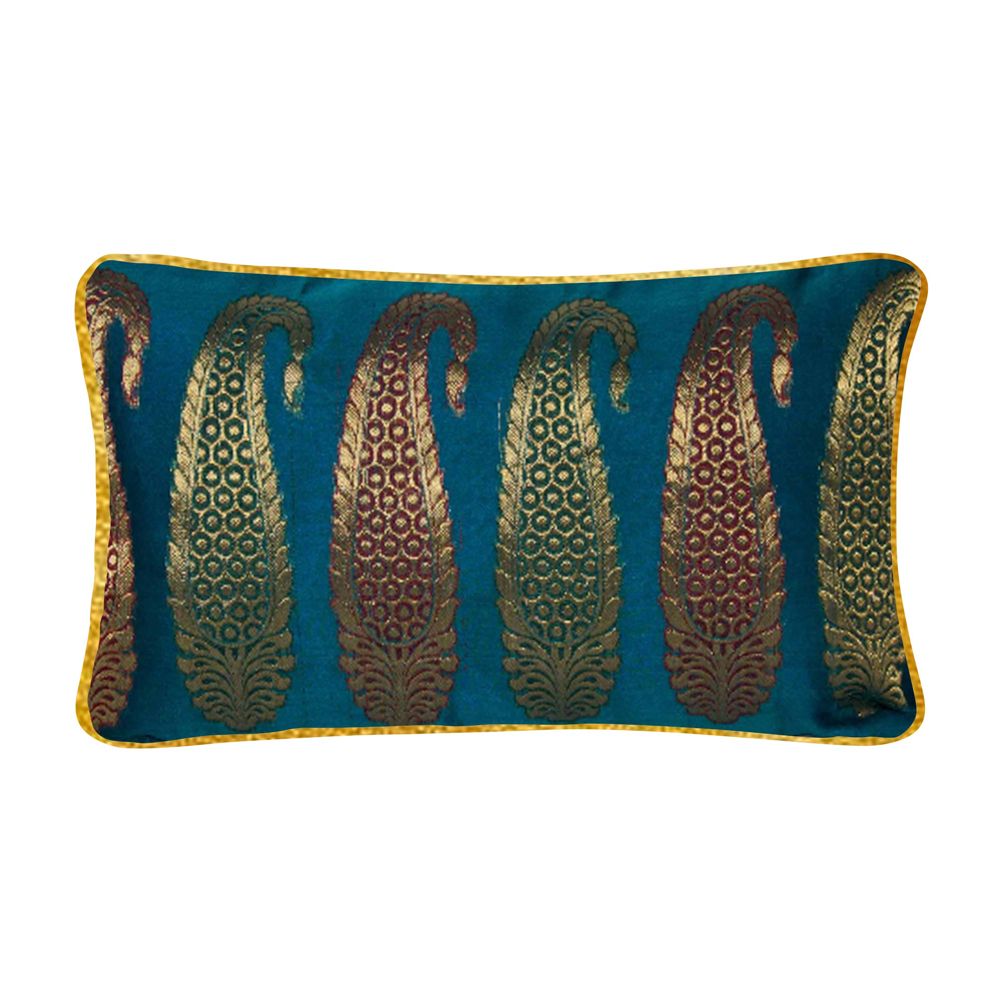 Teal and gold huge paisley lumbar cushion cover