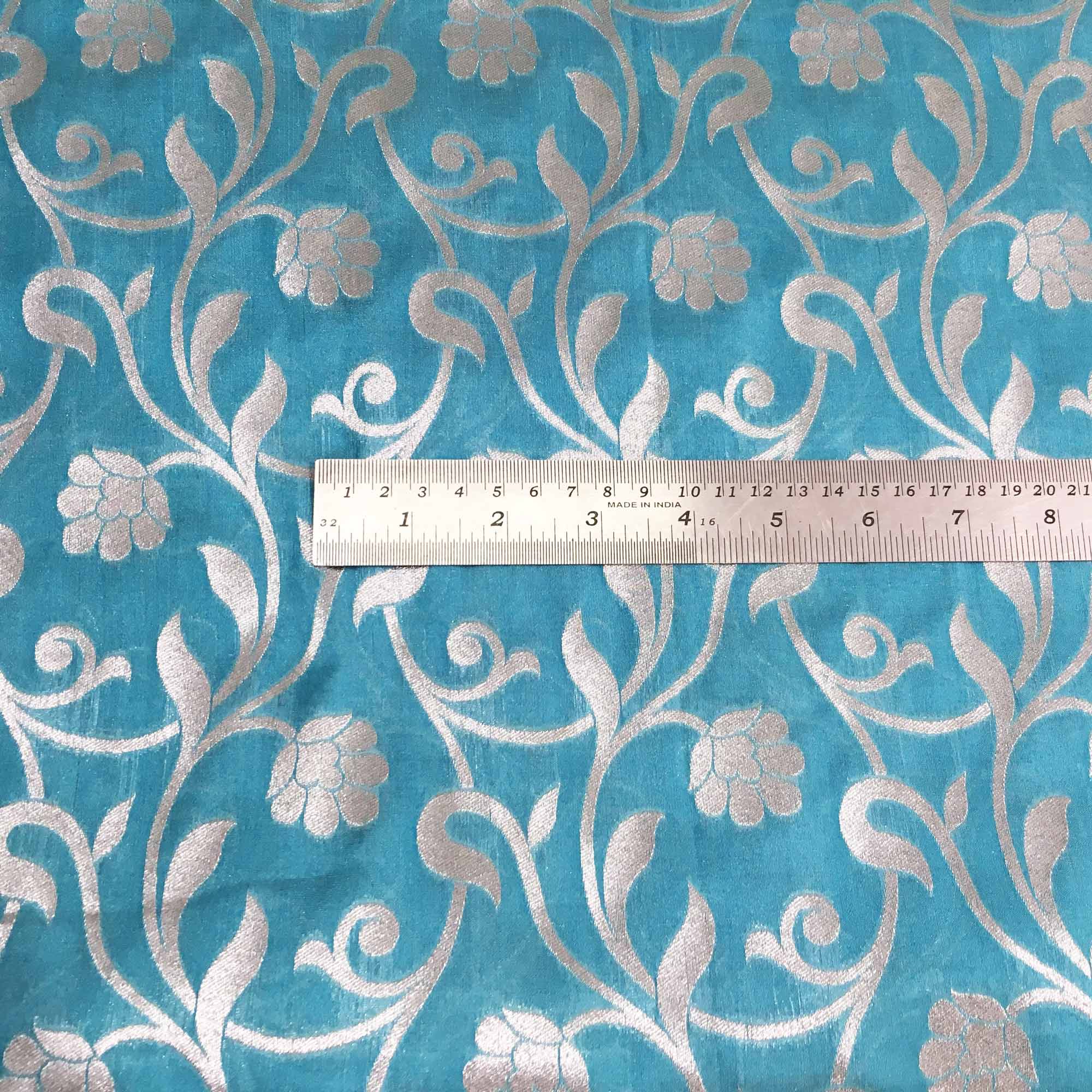 Teal and silver banarasi jacquard fabric