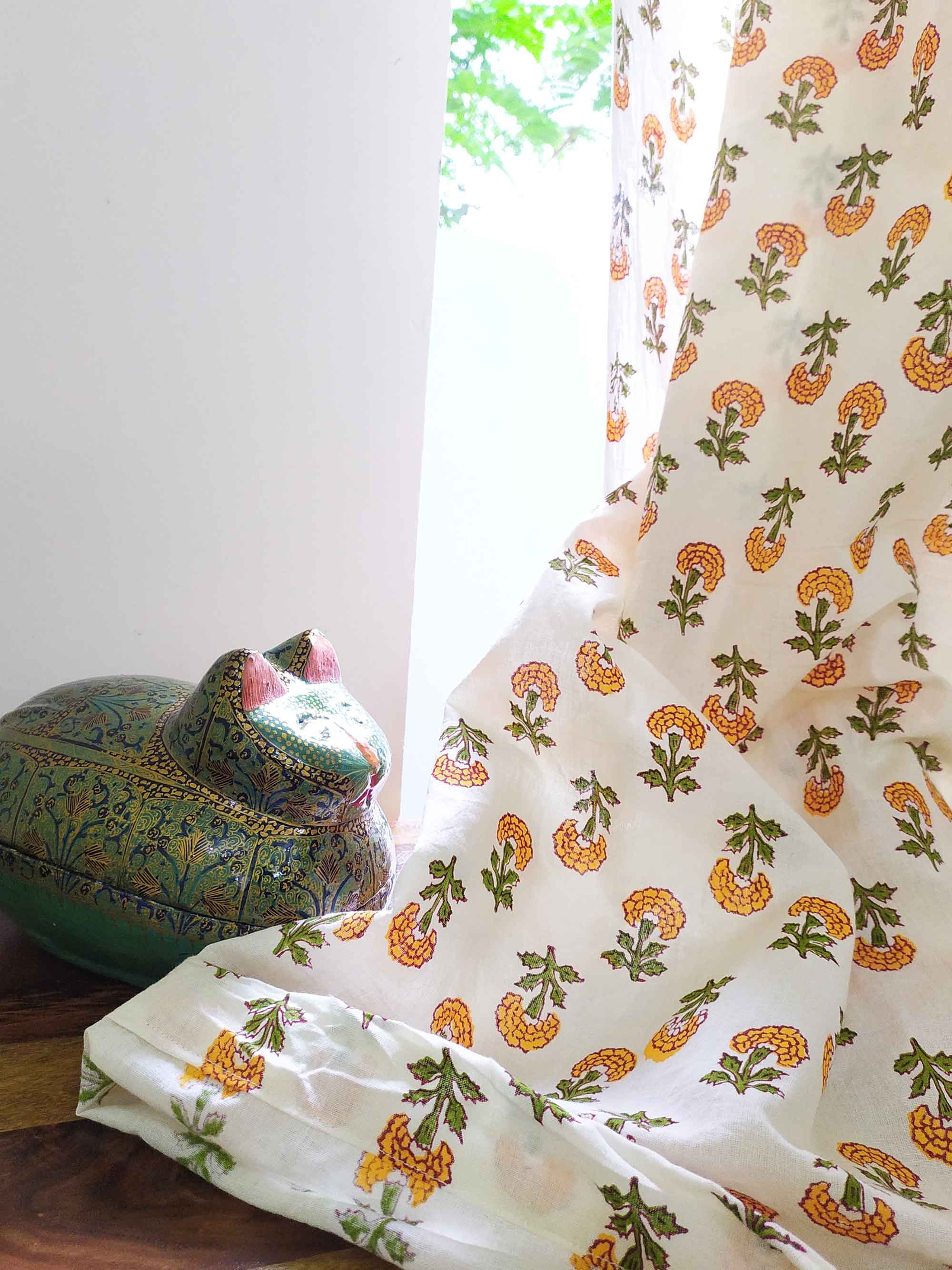 orange marigold print curtains