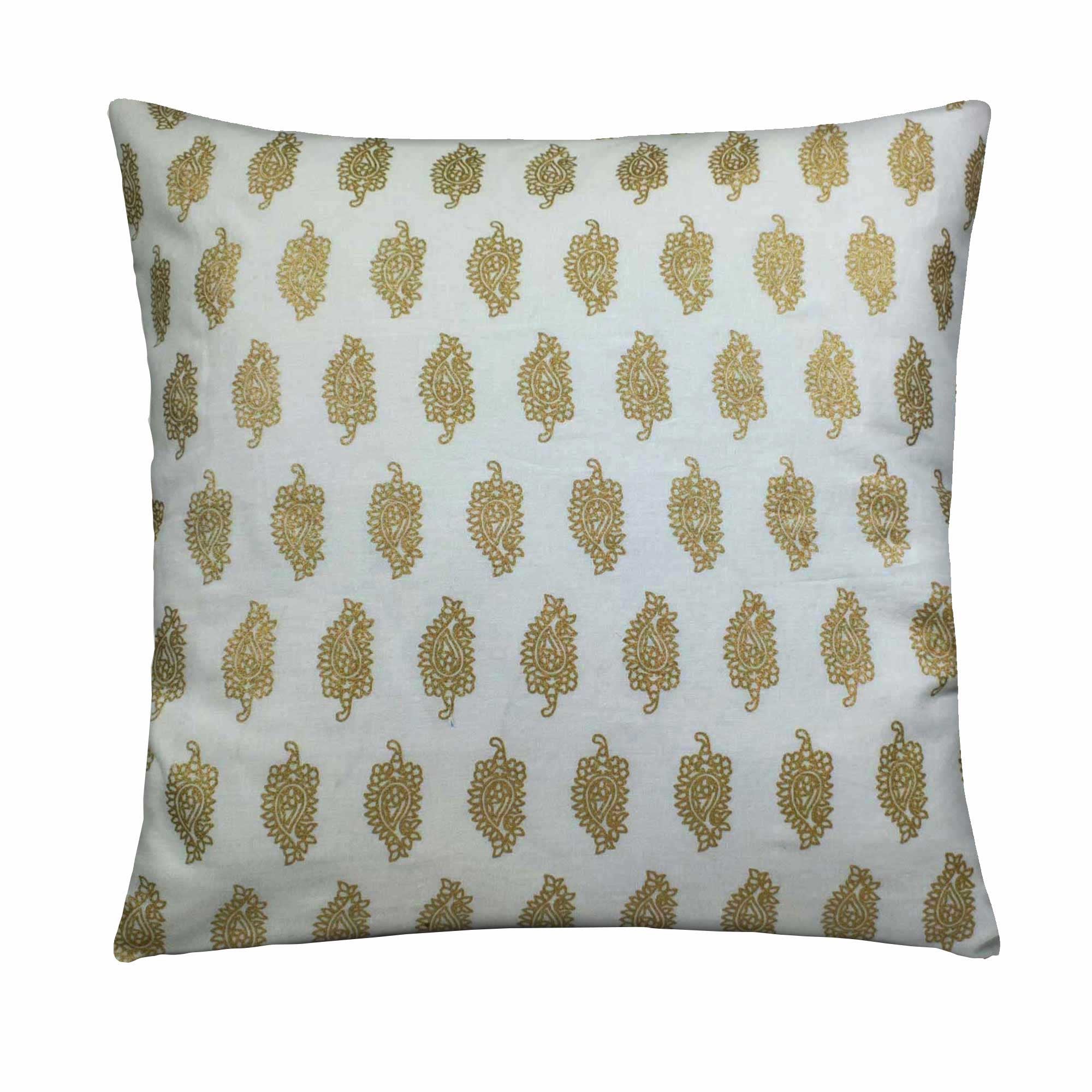 white and gold pasiley cotton pillow cover buy online from DesiCrafts