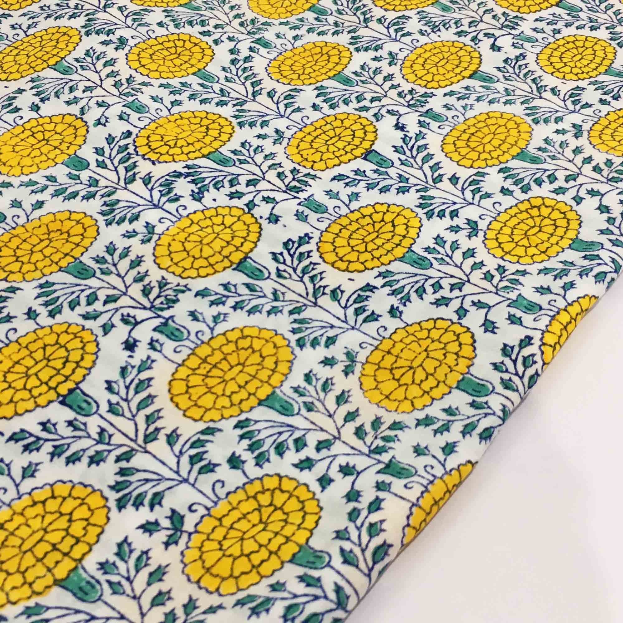 Hand Block Print Fabric in Green and Yellow